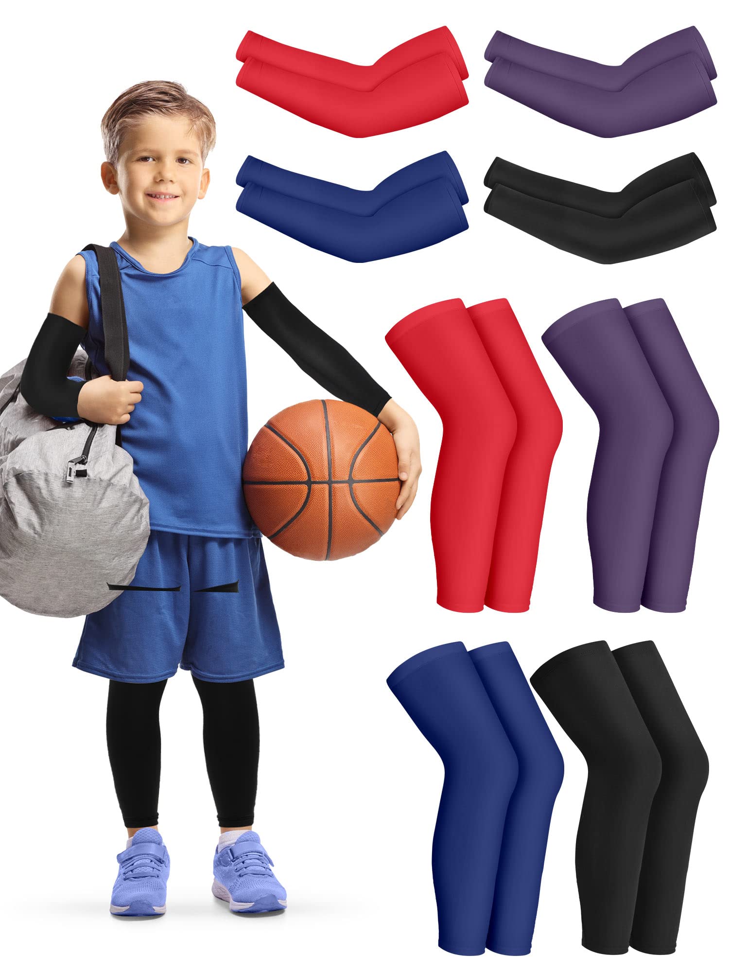 Leitee 8 Pairs Kid Compression Leg Sleeve and Compression Arm Sleeve Ice Silk Material Washable for Boy Girl Youth Basketball(Multicolor)
