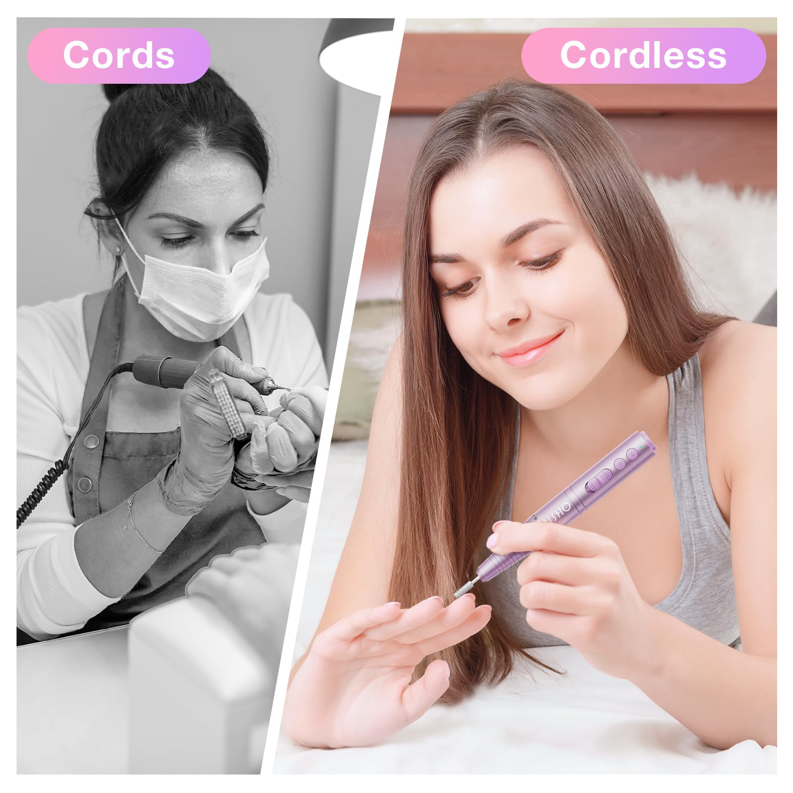 Perceuse à ongles électrique sans fil pour ongles en acrylique, rechargeable et portable avec max 20 000 tr/min, kit 12 en 1 lime à ongles électrique pour débutant et professionnel (rose)