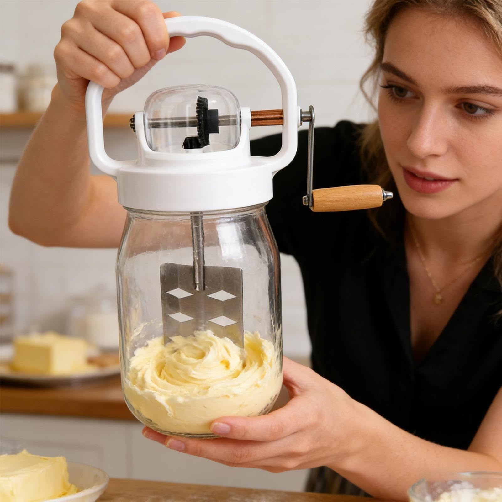 Frullatore a manovella da 1500 ml, frusta manuale con bottiglia di vetro, per cucinare, alimenti per bambini, farina, marmellata, salsa per uova, pane, panna