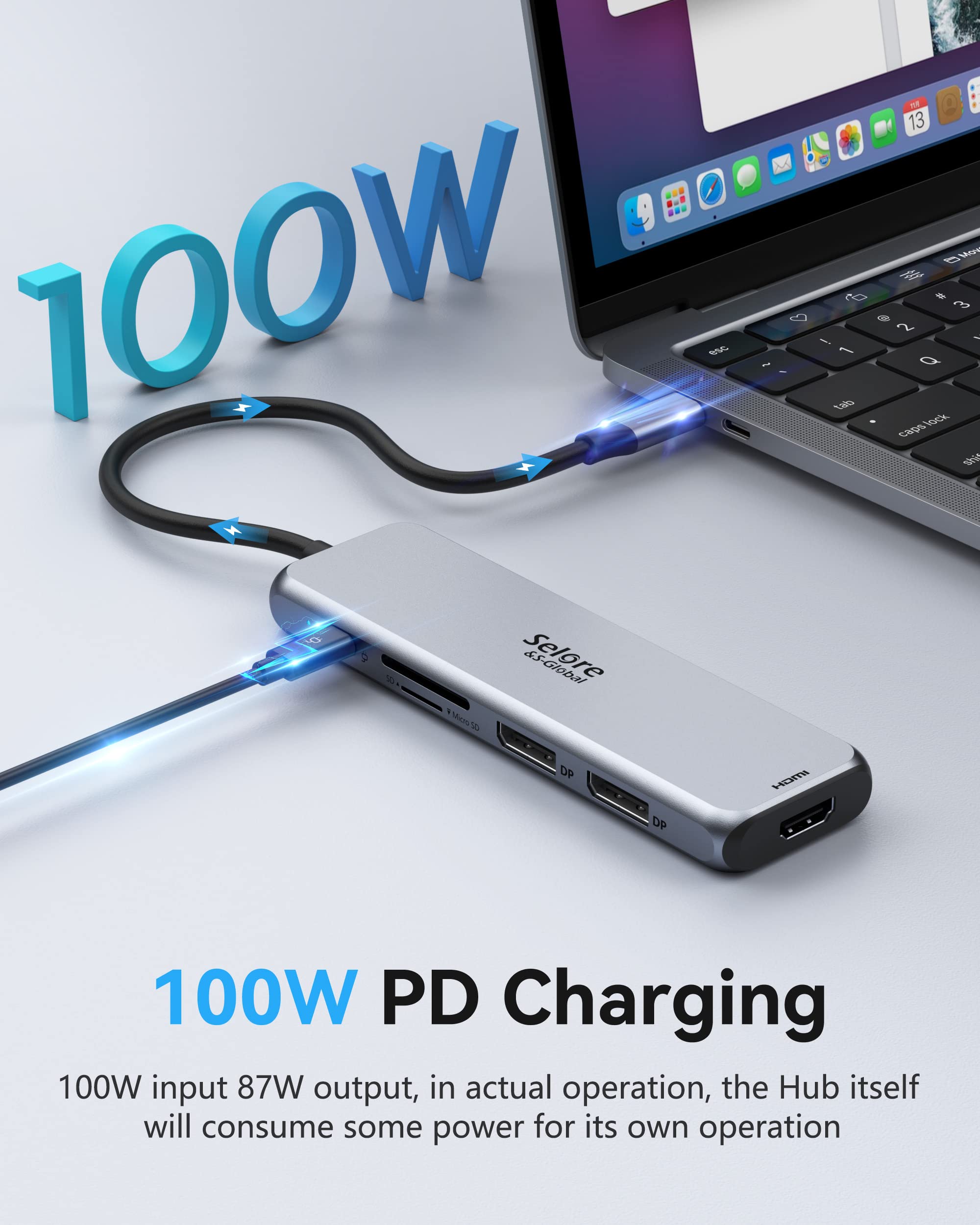 Stacja dokująca USB-C Dual DisplayPort, 9 w 1, stacja dokująca do laptopa, podwójny monitor z 2 DP, HDMI, 100 W PD, 3 x USB 3.0, czytnik kart SD i TF, koncentrator USB C do MacBooków/Dell