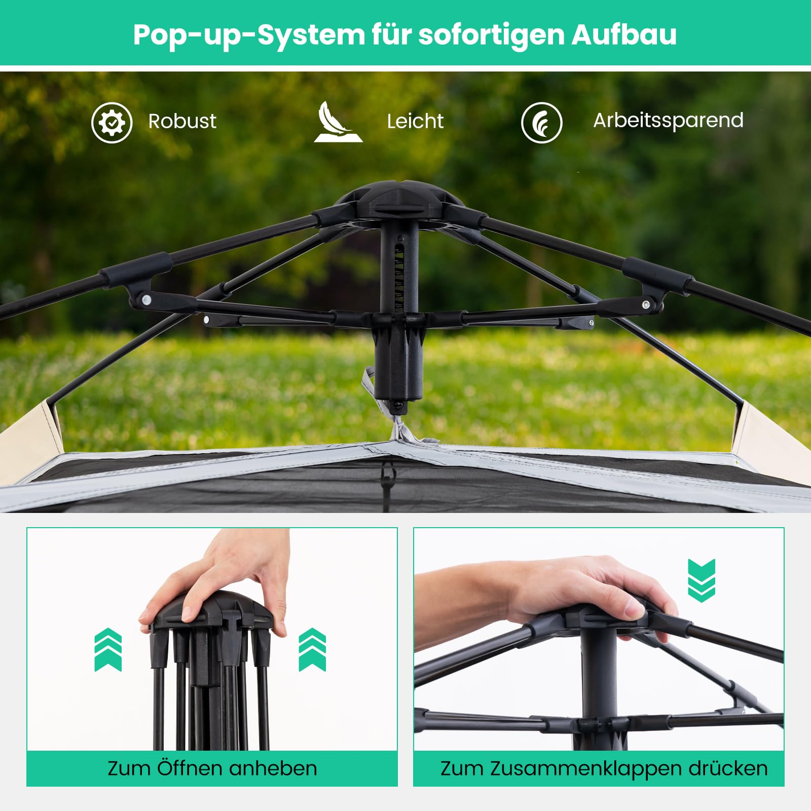 COSTWAY Namiot kempingowy typu pop-up, dla 2-4 osób, ze zdejmowaną osłoną przeciwdeszczową, 2 okna na komary i 2 drzwi z zamkiem błyskawicznym, wodoodporny namiot kopułowy z torbą do przenoszenia, na