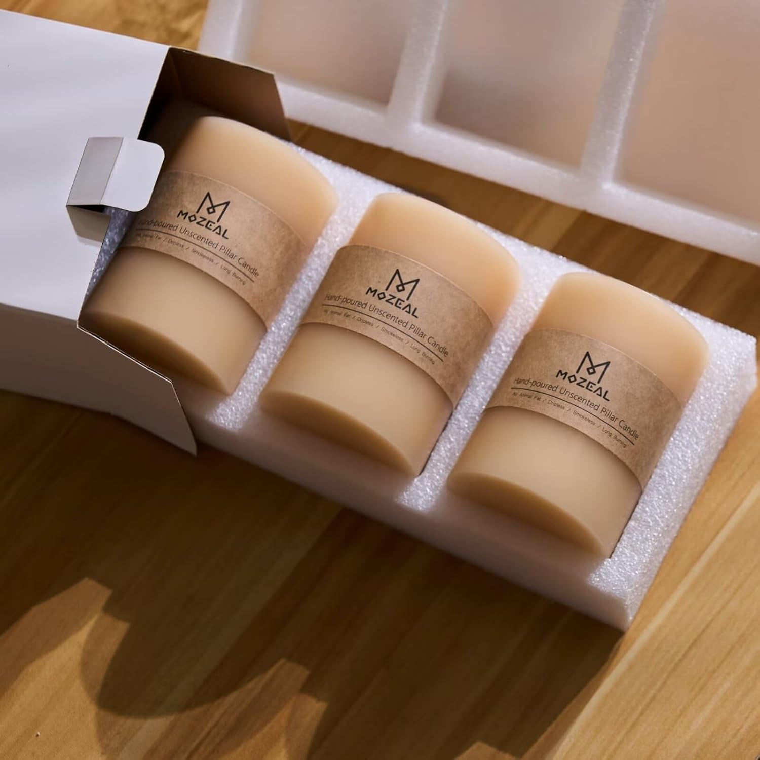 MOZEAL 3" x 4" Hand-Poured Unscented Beige Candle, Dripless Off White/Cream Pillar Candle Set of 3, Long Clean Burning, Approx 72 Hours Burn Time, Rustic Country Style, Home Decor - Image 5