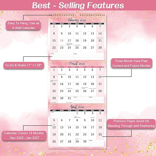 Miniatura 5 de Calendario 2026  Calendario de pared 2026 con pantalla de 3 meses (plegado en un mes), enero de 2026 a diciembre de 2026, 11 x 26 pulgadas,