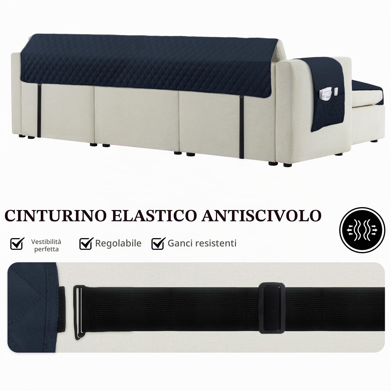 Copridivano 3 Posti con Penisola, Copridivani Penisola Destra e Sinistra, Antigraffio Gatto e Antimacchia, Impermeabile,Copri Divano Reversibile, Blu