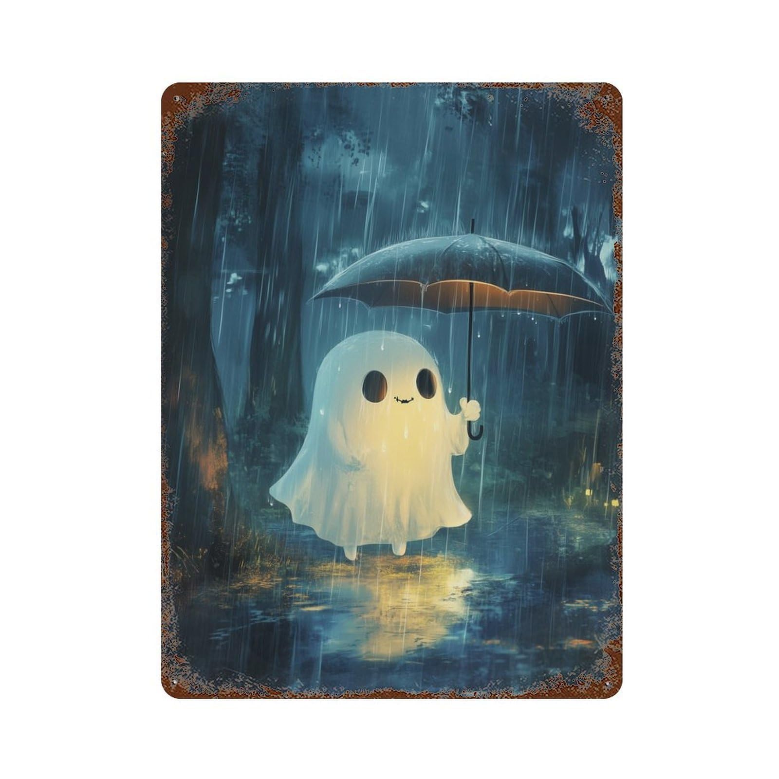 Garage Style Halloween Ghost in The Rain Rustic Tin Plaque 15.7"x11.8", Classic Wall Plaque for Bar And Workshop