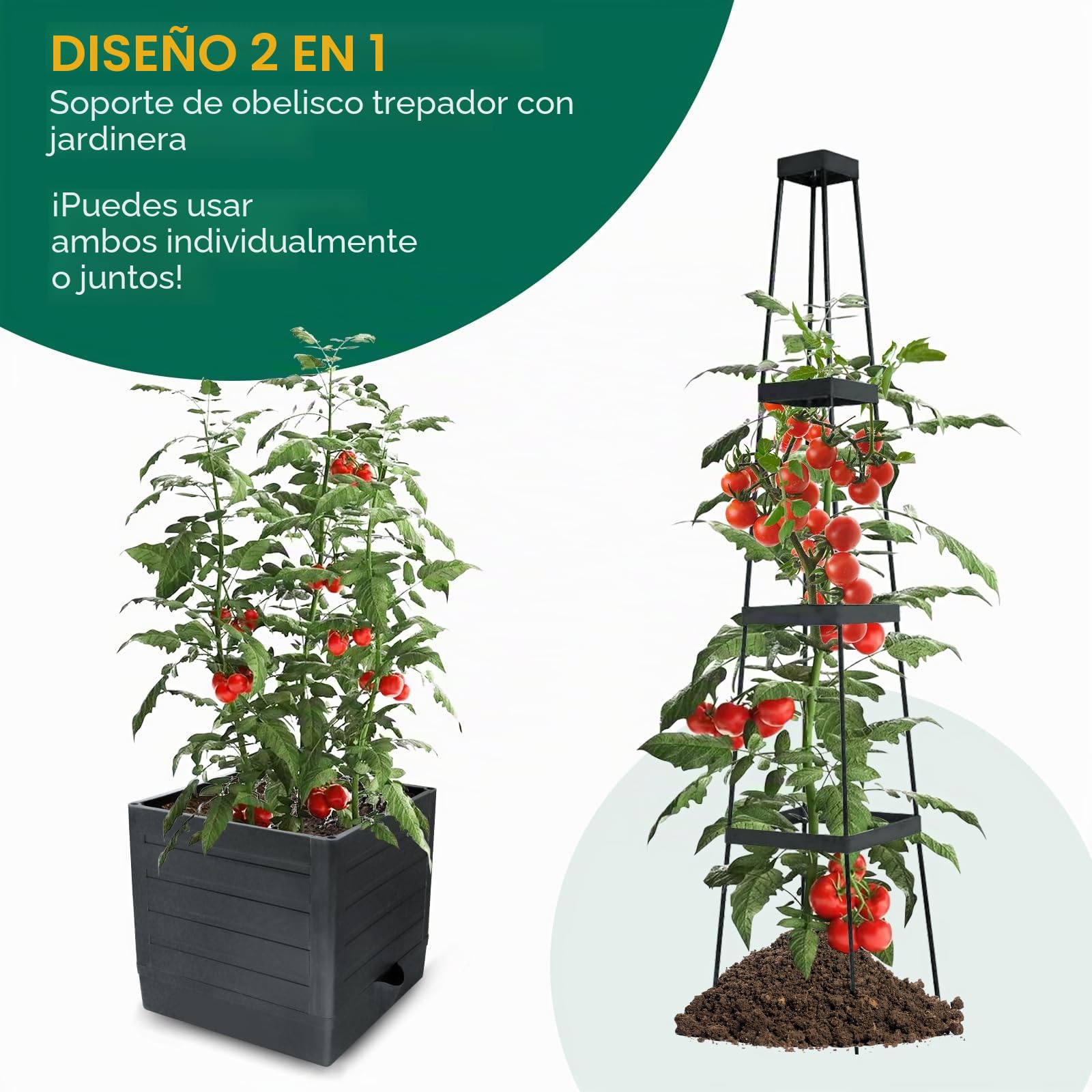 MYMULIKE Obelisco con macetero, 2 unidades de ayuda para enredaderas de tomates, 150 cm, con macetero, soporte para plantas, altura ajustable, 25 x 25 x 150 cm (2, gris)