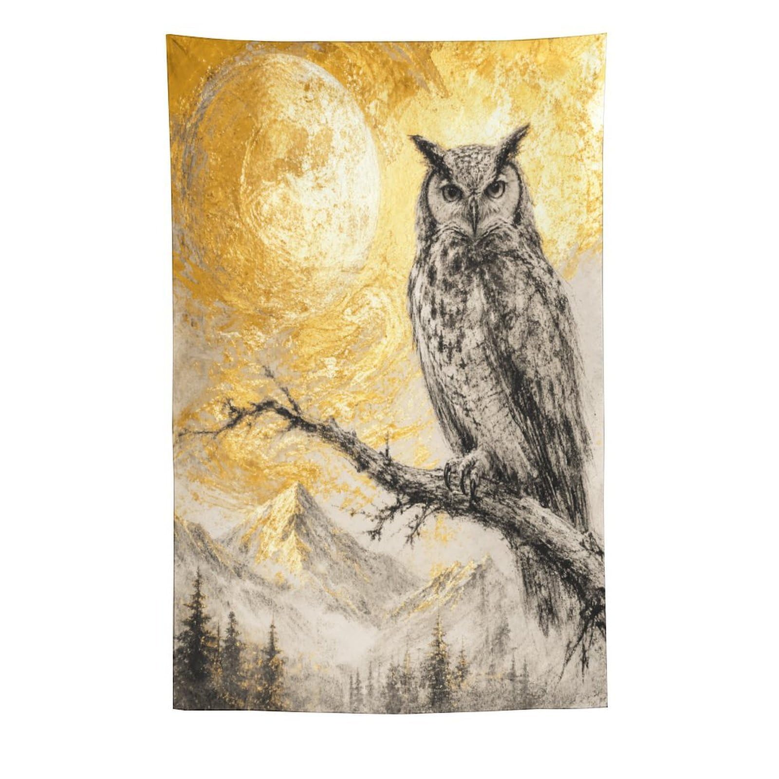 W7C8U2X3 Owl on Golden Moon Branch Wall Tapestry, Realistic Illustration