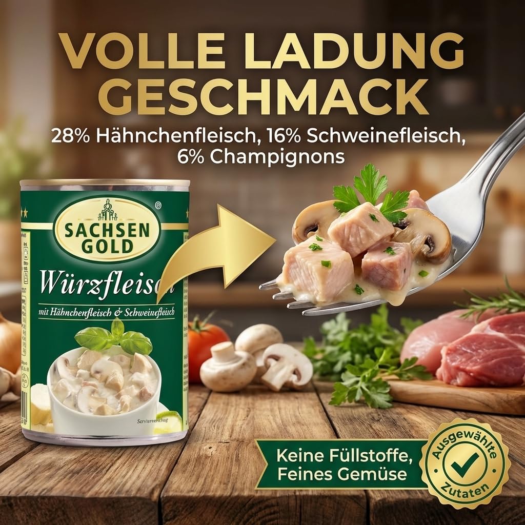Sachsen Gold Würzfleisch 12x400g – Hähnchen & Schweinefleisch | Mit Champignons, traditioneller Rezeptur – ostdeutsche Spezialität zum Überbacken, 4,8 kg Vorrat