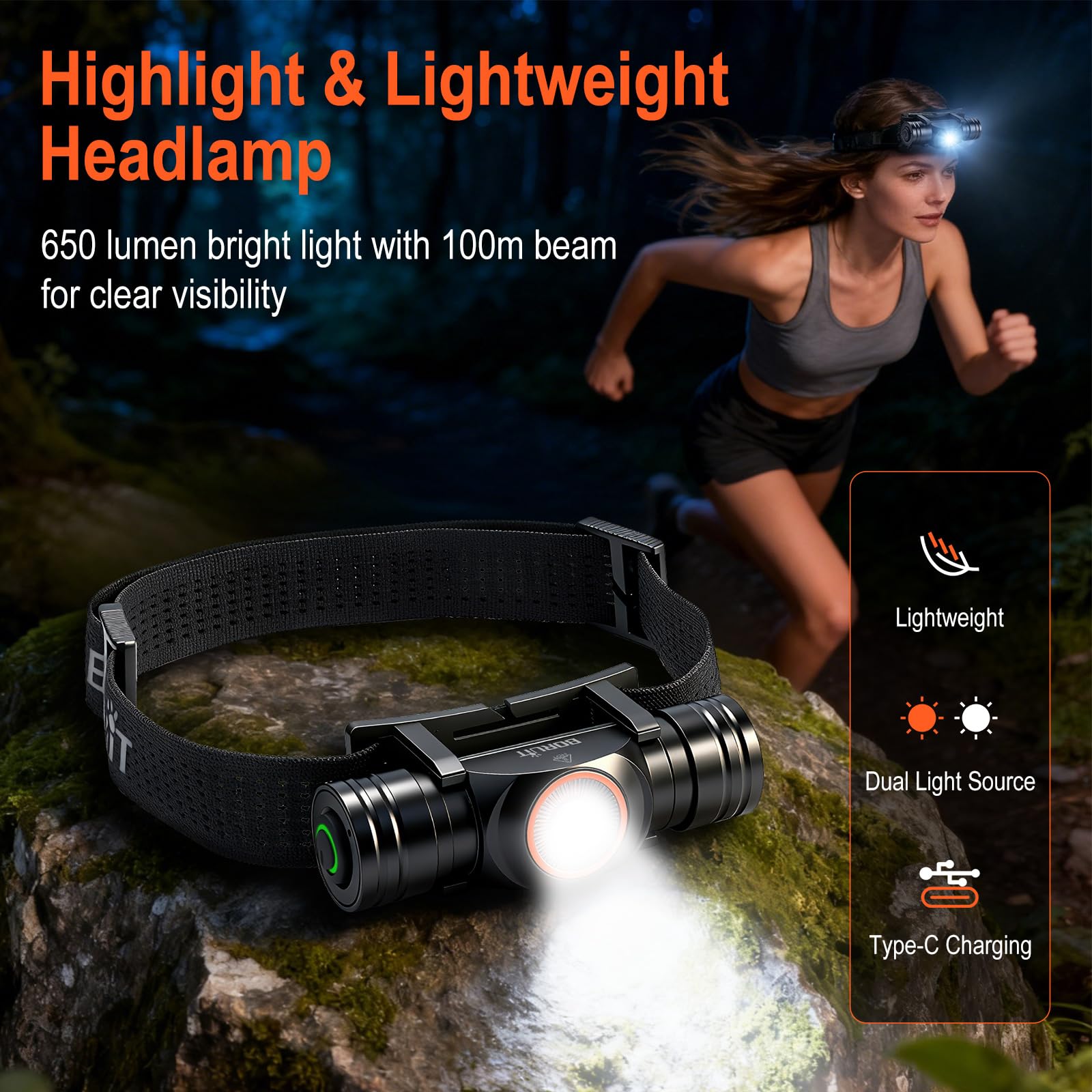 BORUIT HP400 Lampe frontale LED rechargeable avec lumière blanche et rouge, 650 lumens, super lumineuse, chargement USB-C, étanchéité IP67, 7 modes pour course à pied, camping, randonnée, pêche