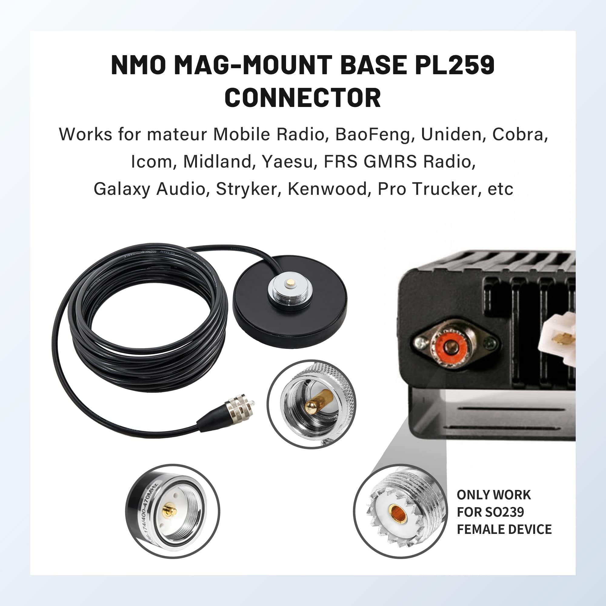 Anina NMO Antena magnética de montaje en base de 16.4 pies RG58 cable coaxial PL-259 enchufe con tapa de montaje de antena NMO para radio CB Ham camión, radio marina VHF