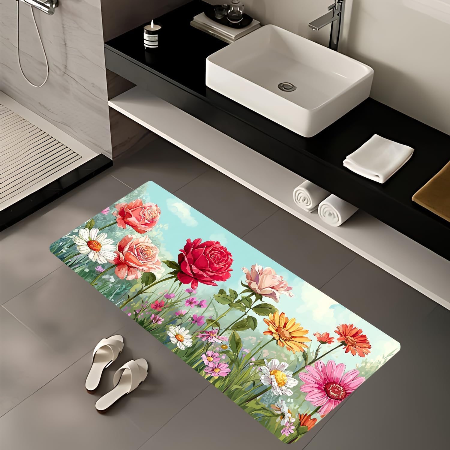 ANNA QUEEN Spring Flower Laundry Room Rug 20x47 Inch – Colorful Garden Non Slip Runner Mat for Kitchen, Entryway, and Home Decor