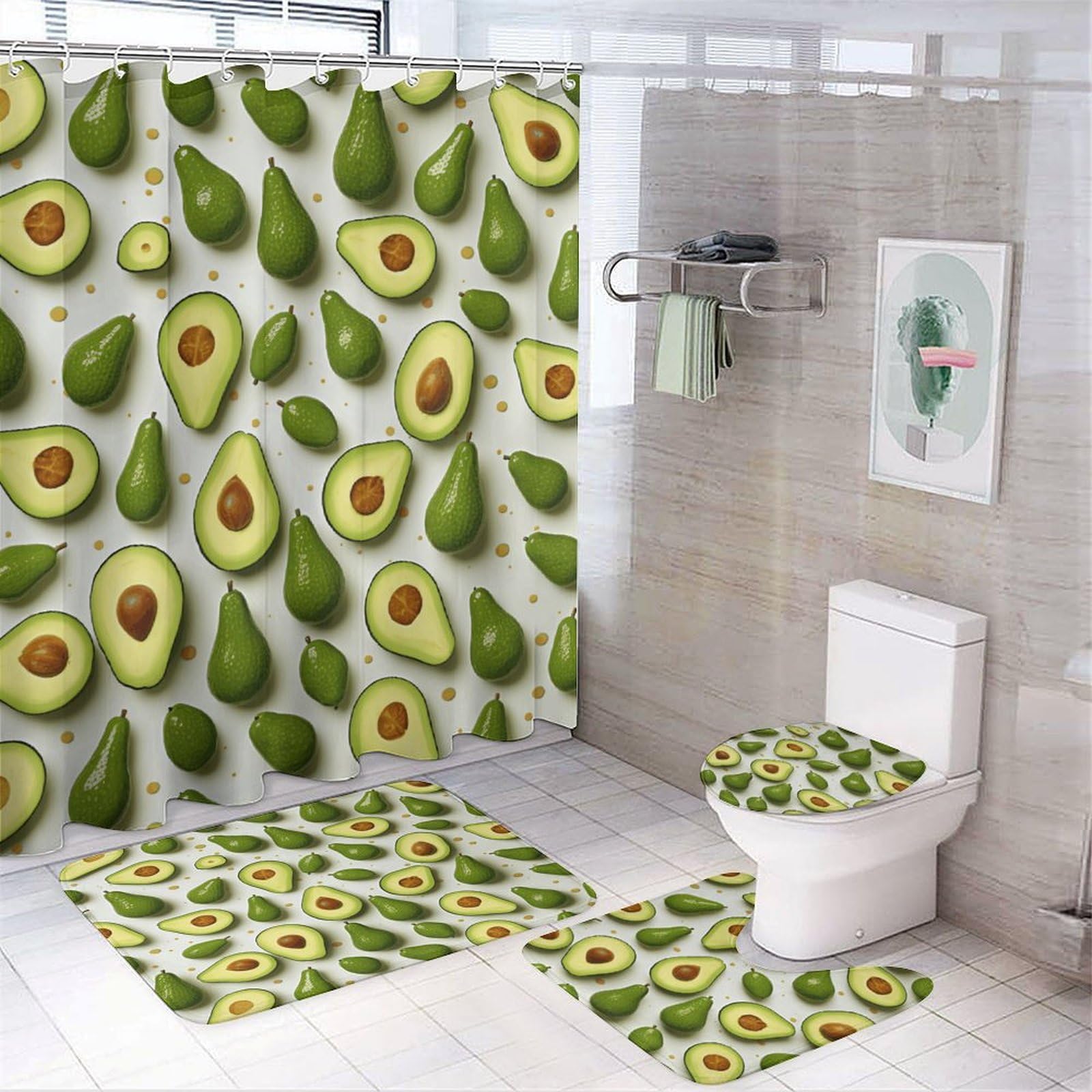 Ensemble de salle de bain complet tapis rideau de douche et accessoires imprimé vert