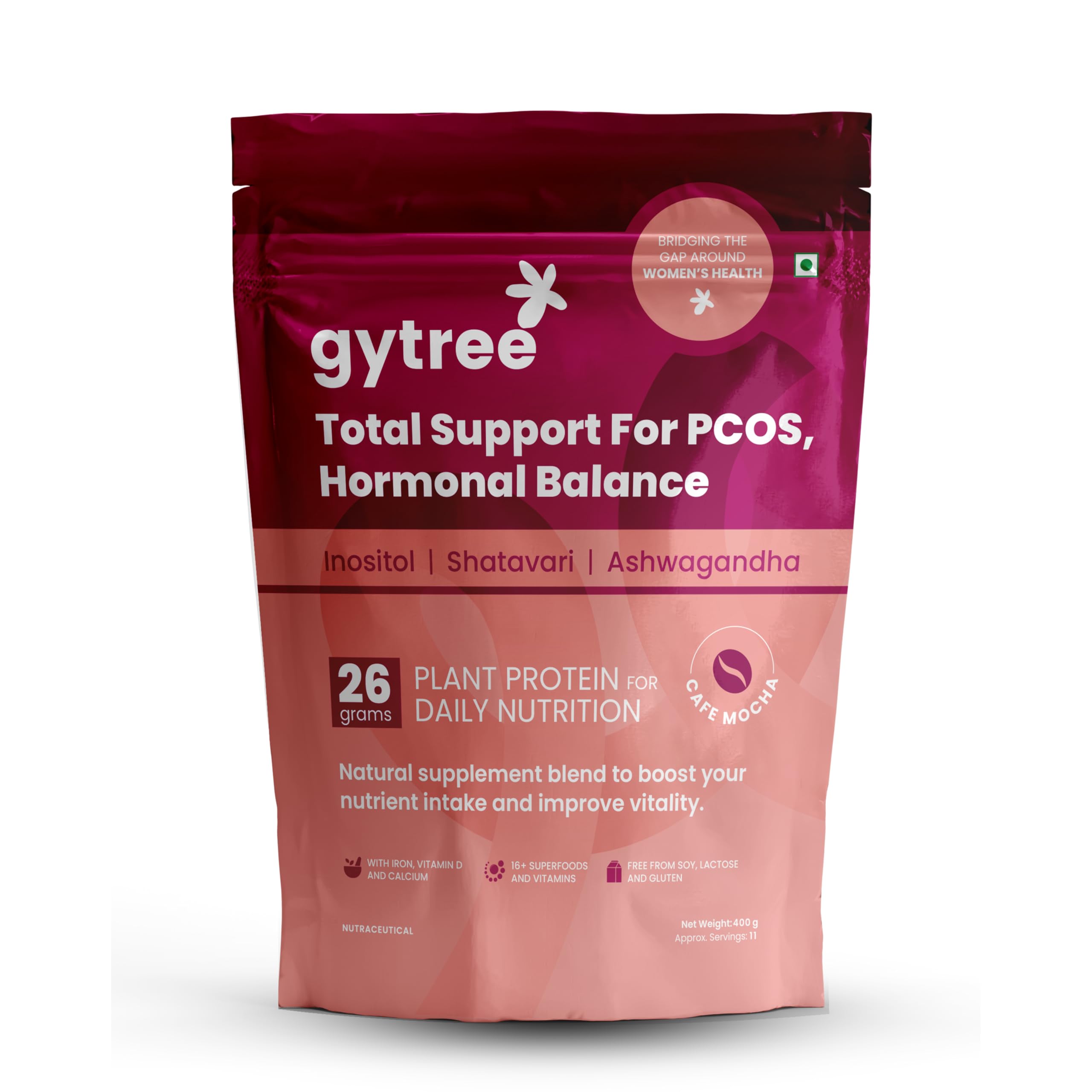 Gytree PCOS Plant Protein Powder | With Inositol for Hormonal Balance, Weight Management & Acne Support | 26g Vegan Protein from Pea & Brown Rice | Cafe Mocha Flavor | 400g-image-18