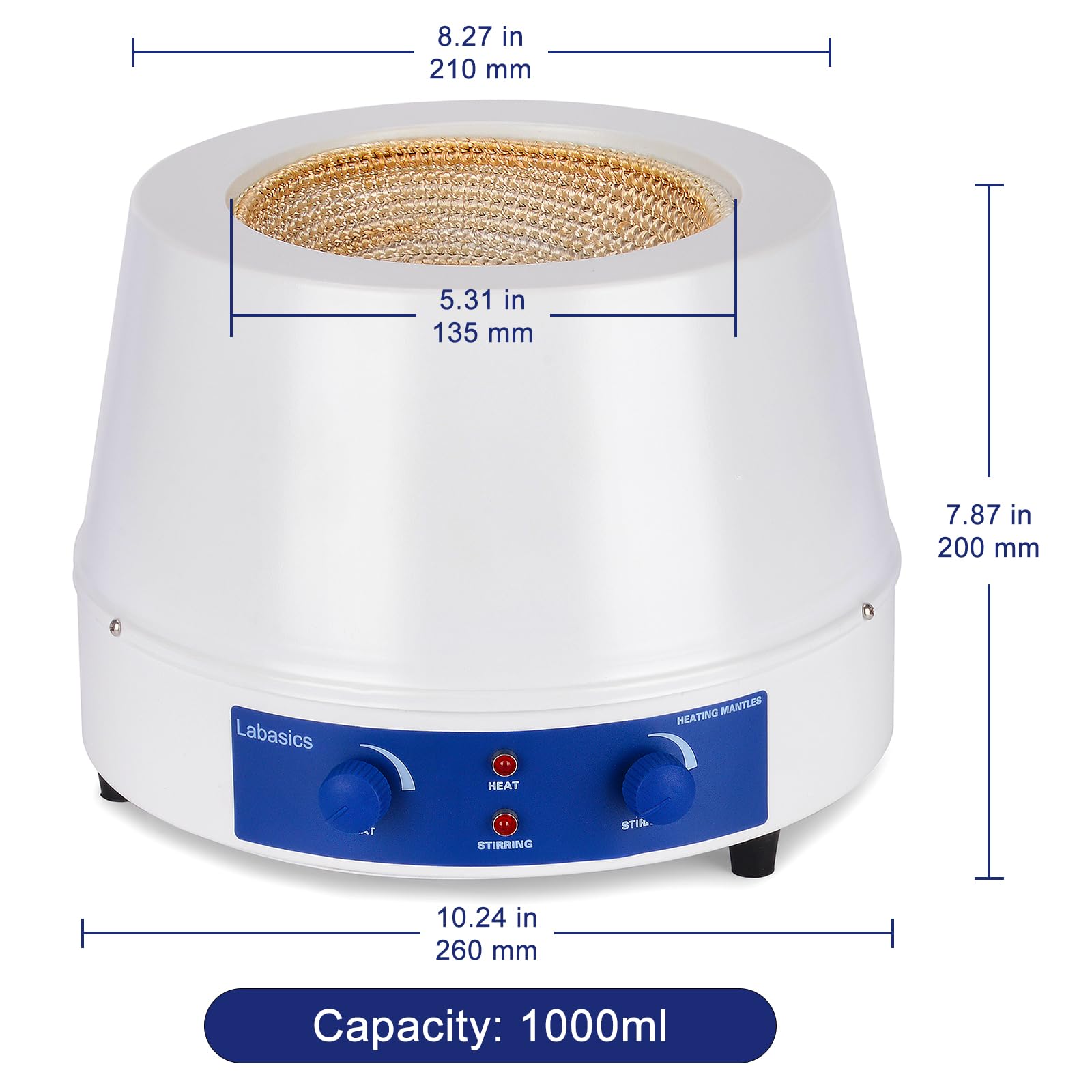Labasics Manto Riscaldante, Riscaldamento e Agitazione Electromantles Lab Heating Mantle con Agitatore Magnetico 0-1600 RPM Controllo Della Temperatura 220V/380℃ 250W, 1000 ml