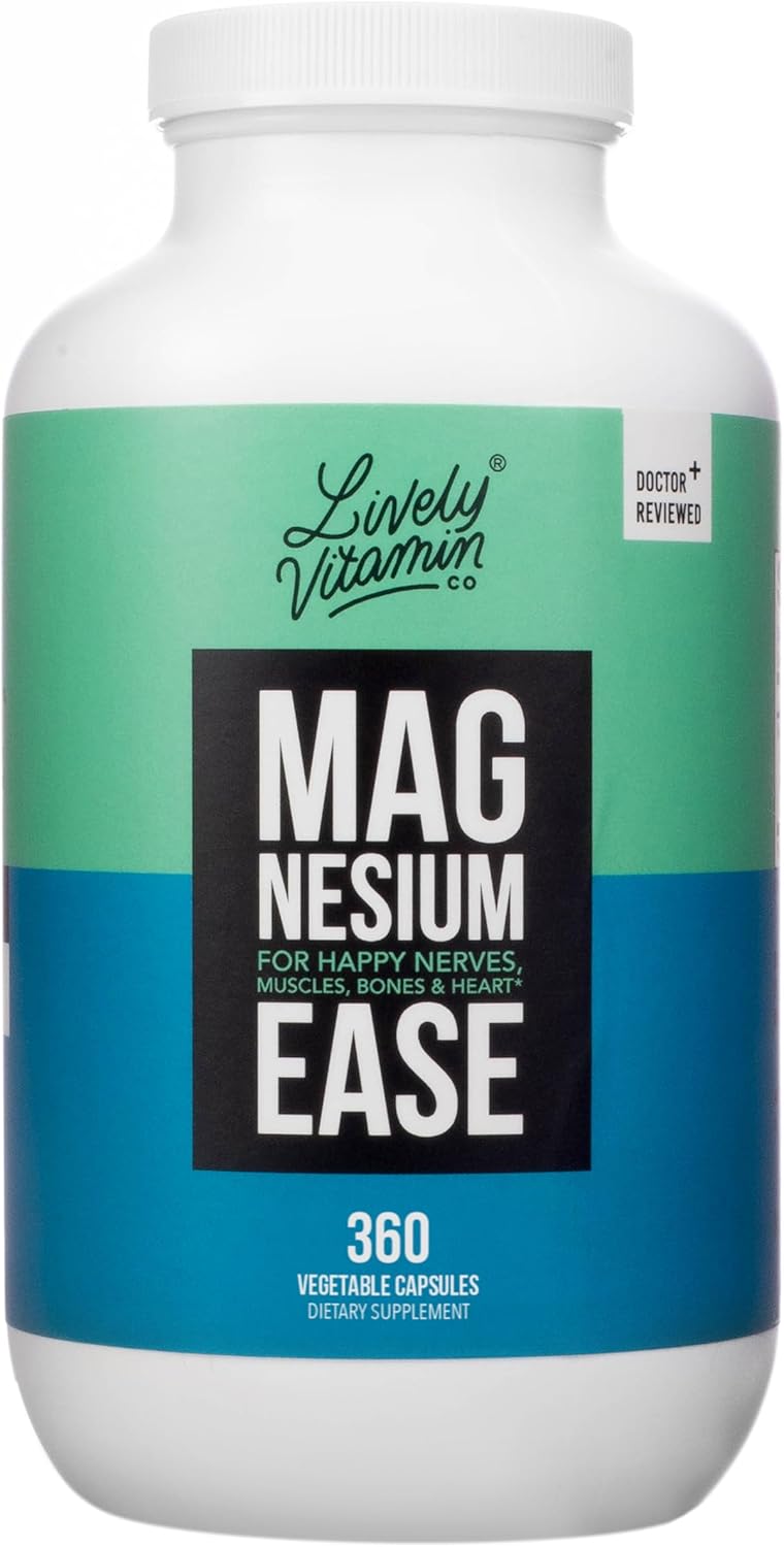 Lively Vitamin Co. Magnesium Ease - Chelated - Highly Bioavailable - Tension - Stress - Nerves - Immune Function - RLS - Gluten Dairy Soy Free - Non-GMO - 180 Vegan Capsules