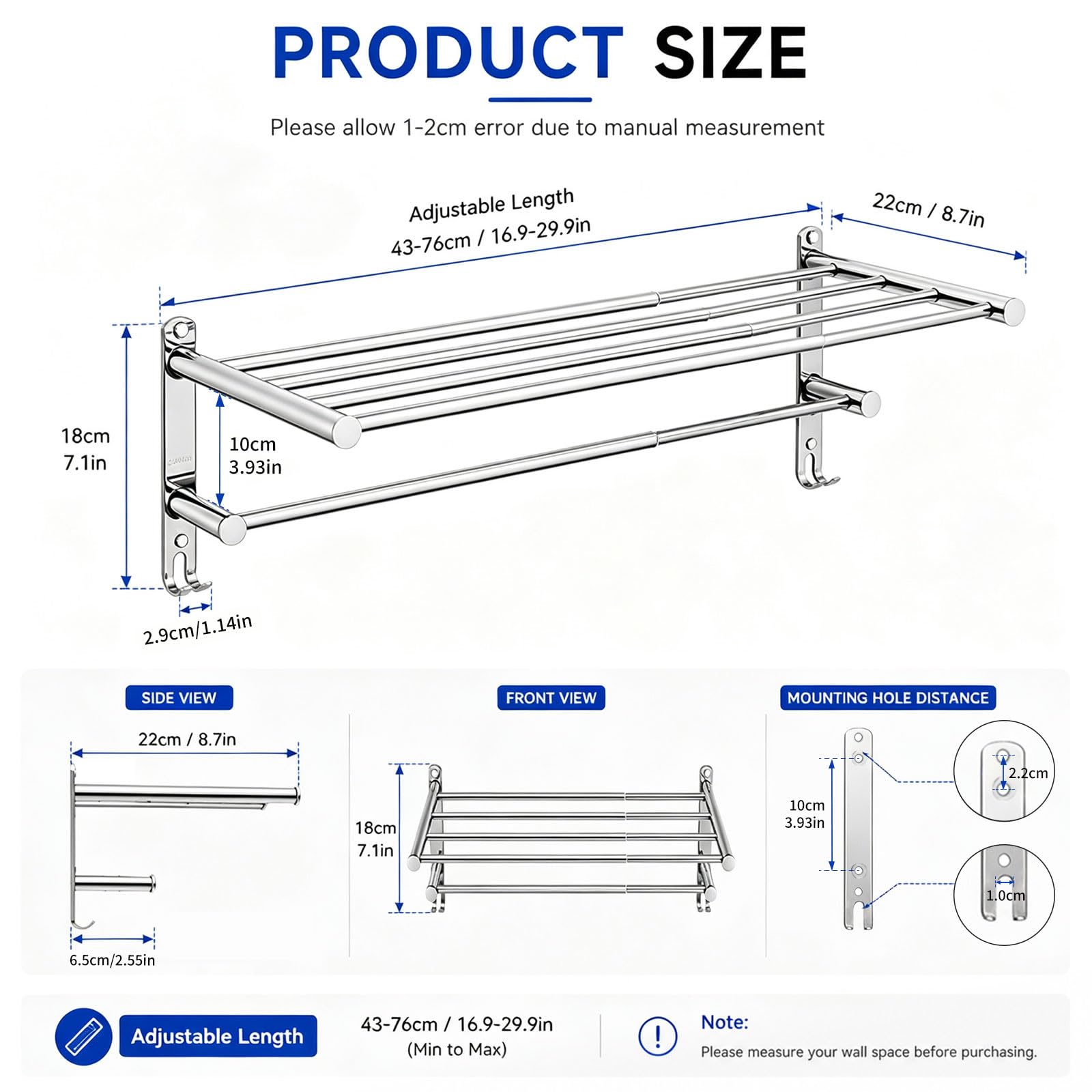 Porta Asciugamani da Parete 2 Livelli con Mensola, con Ganci e Viti | Portasciugamani Bagno Allungabile 43-76 cm, Porta Salviette da Muro Acciaio Inox, per Bagno, Cucina, Hotel (Argento)