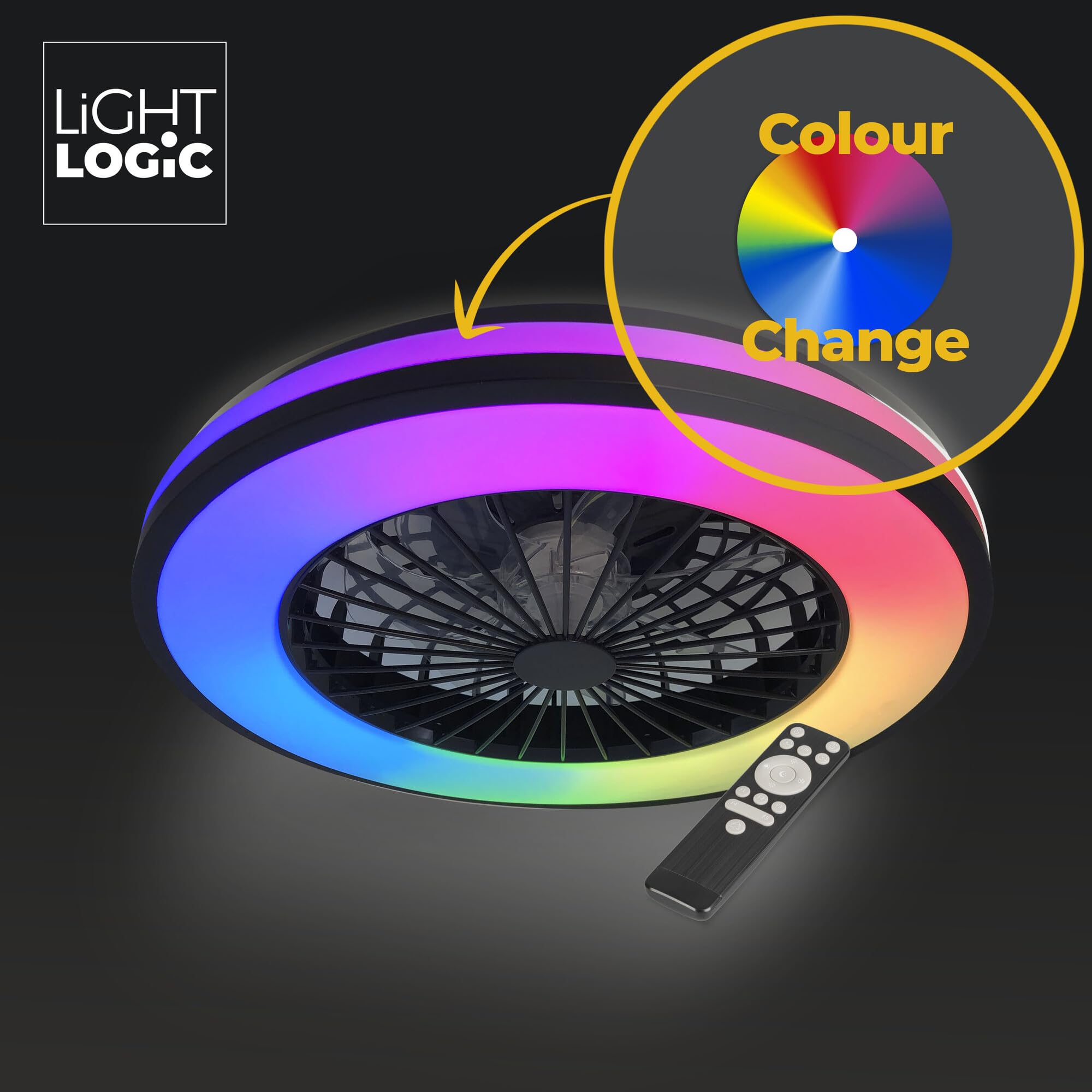 Led Lampe mit Ventilator Ø 48.5 cm, Deckenventilator RGB mit Fernbedienung, Nachtmodus & Timer – 48W, 3000–6500K, Schwarz/Weiß