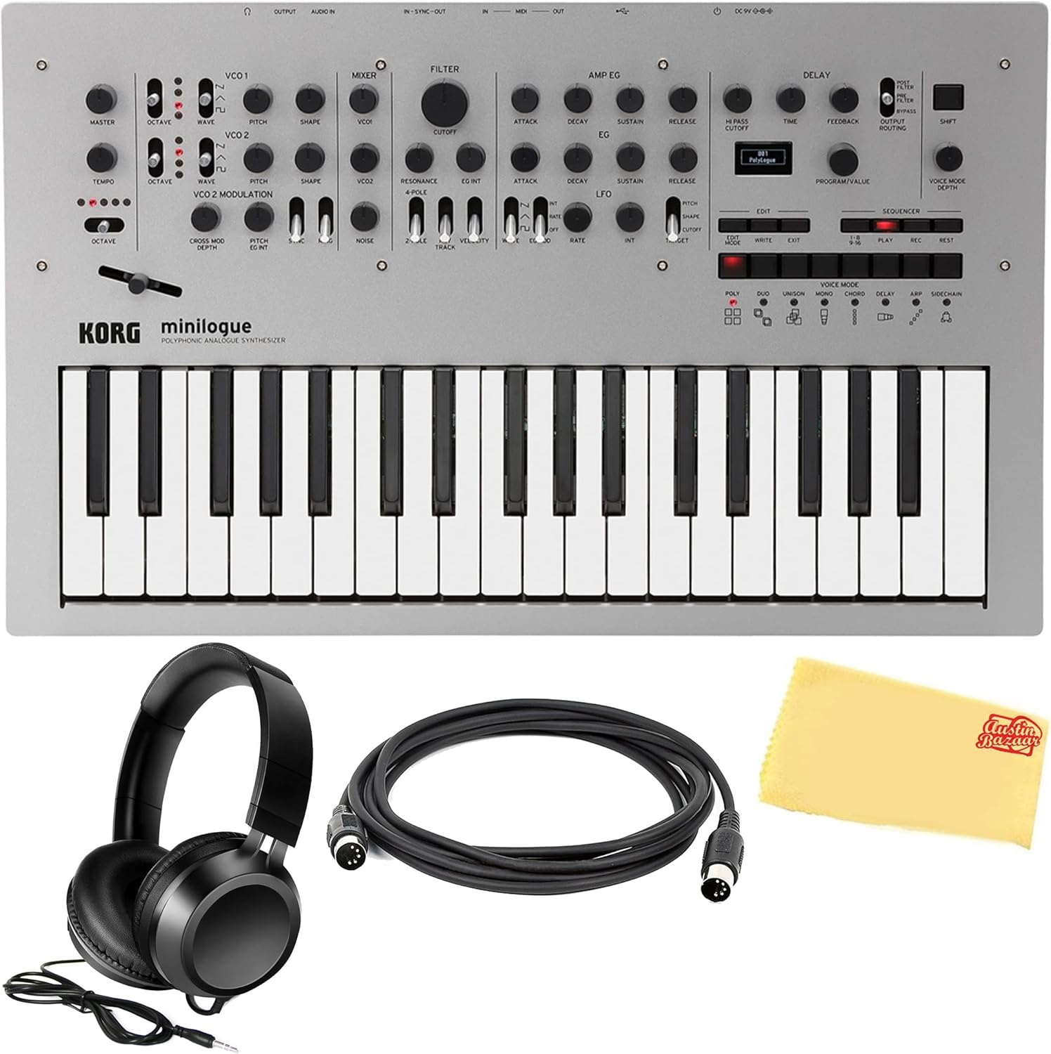 Korg Minilogue synthesizer bundled with headphones, a MIDI cable, and a polishing cloth.
