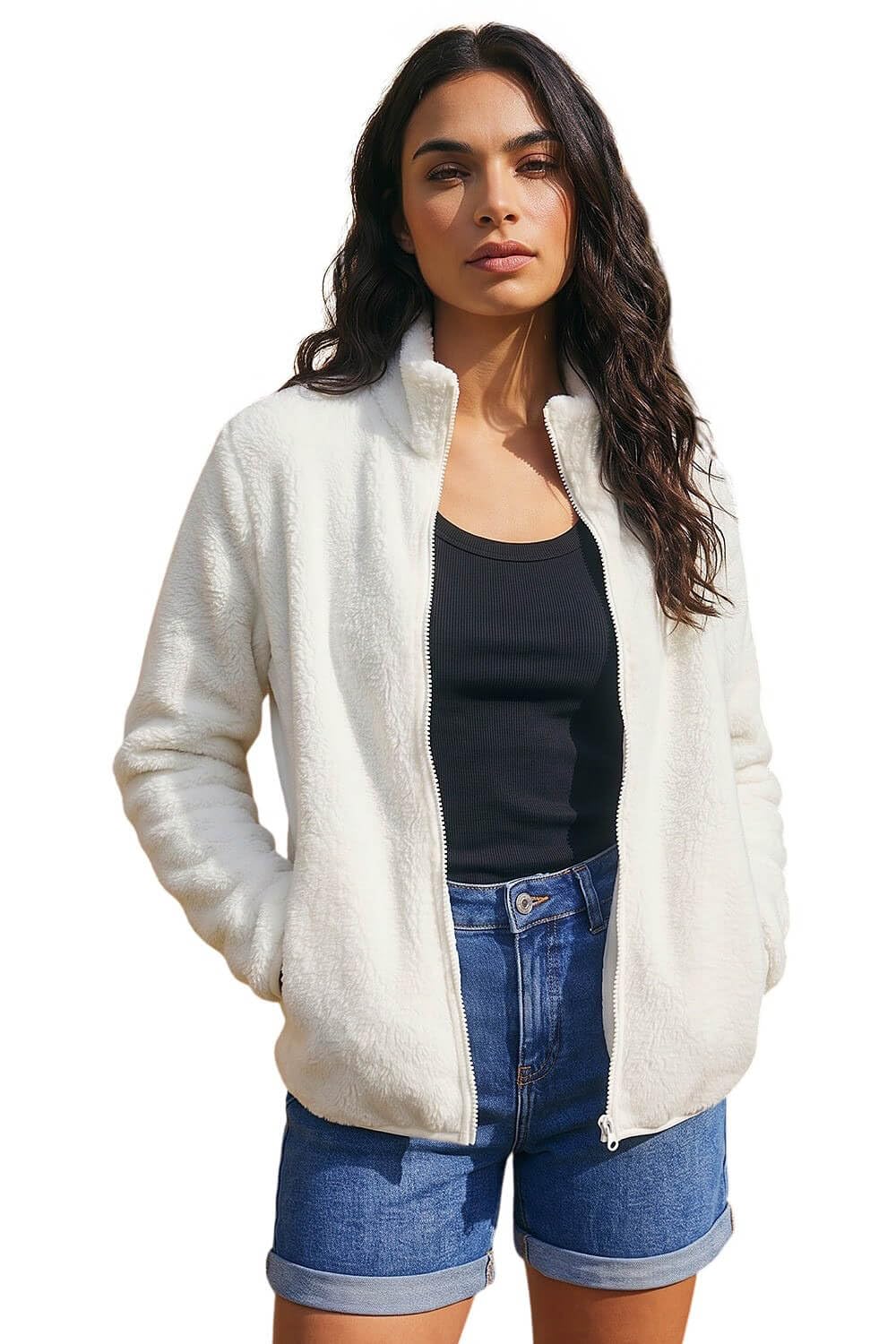 Roman Originals Women's White Soft Sherpa Fleece Jacket For Uk - Autumn Everyday Winter Holiday Pull-On Comfy Soft Vacation Work Teddy Coat - Size L