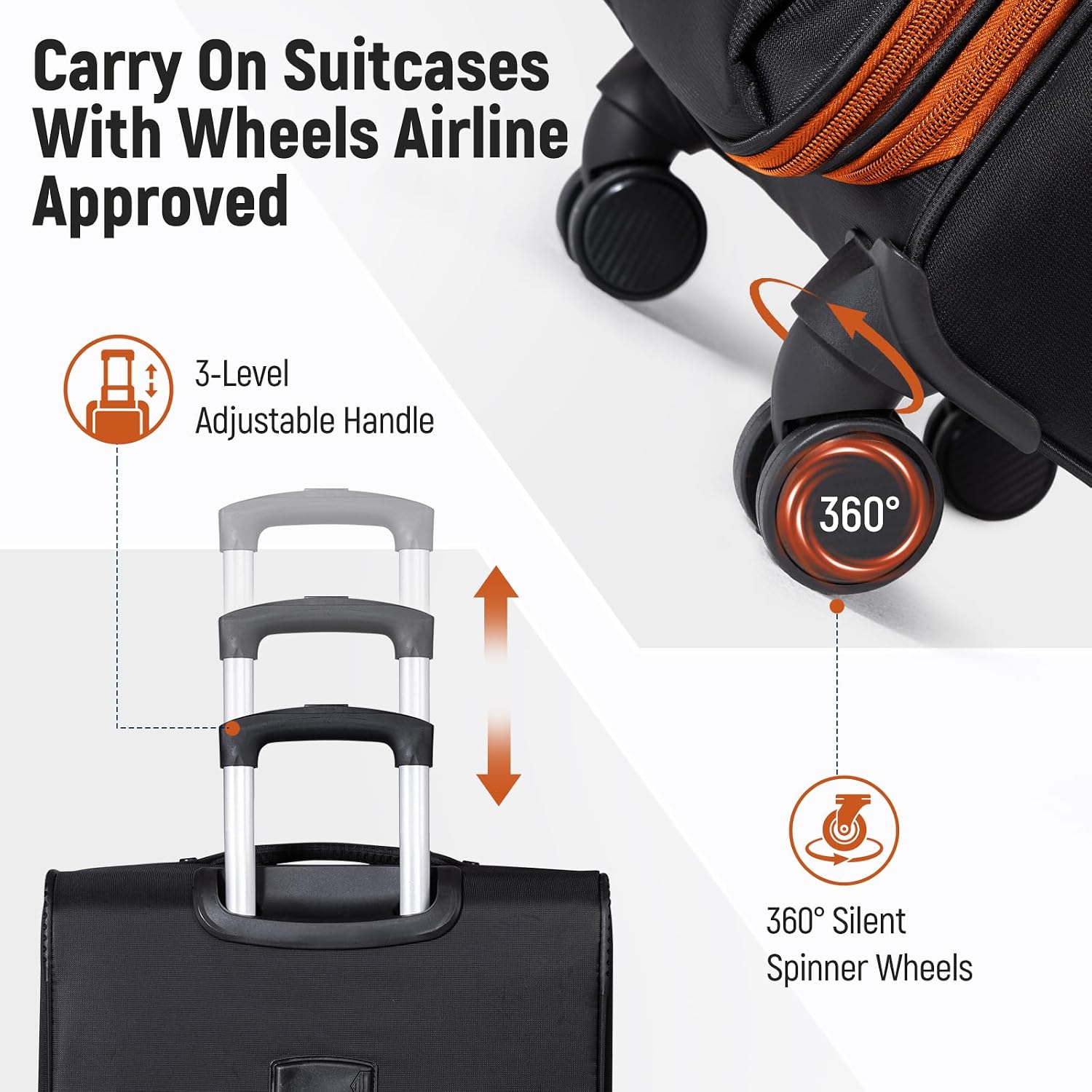 Luggage 5 Piece Suitcase Expandable Luggage Set, Lightweight Carry-Ons Travel Suitcase Sets with Smooth Universal Spinner Wheels TSA Approved Lock (Black&Orange, 20in/24in/28in)