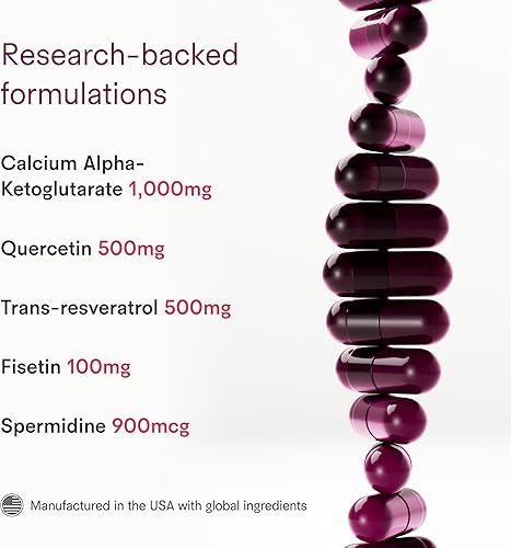 Miniatura 4 de Suplemento Vitality Longevity  Espermidina, Fisetina, Quercetina, Resveratrol, Alfa-cetoglutarato de calcio  Apoya el envejecimiento saludable, la