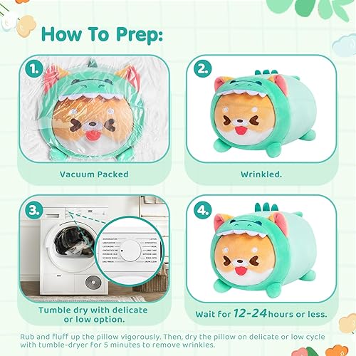 Miniatura 6 de Bonita almohada de felpa para perro, juguete de peluche Kawaii de Shiba Inu, peluches Shiba Inu con disfraz de dinosaurio, regalos suaves y