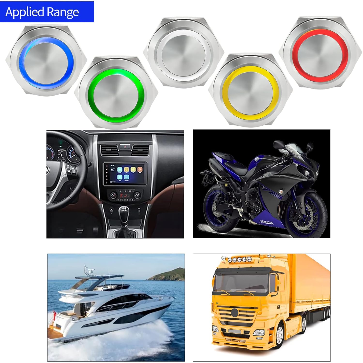 Collage of images showing various applications for the push button switch, including car interiors, motorcycles, boats, and trucks.