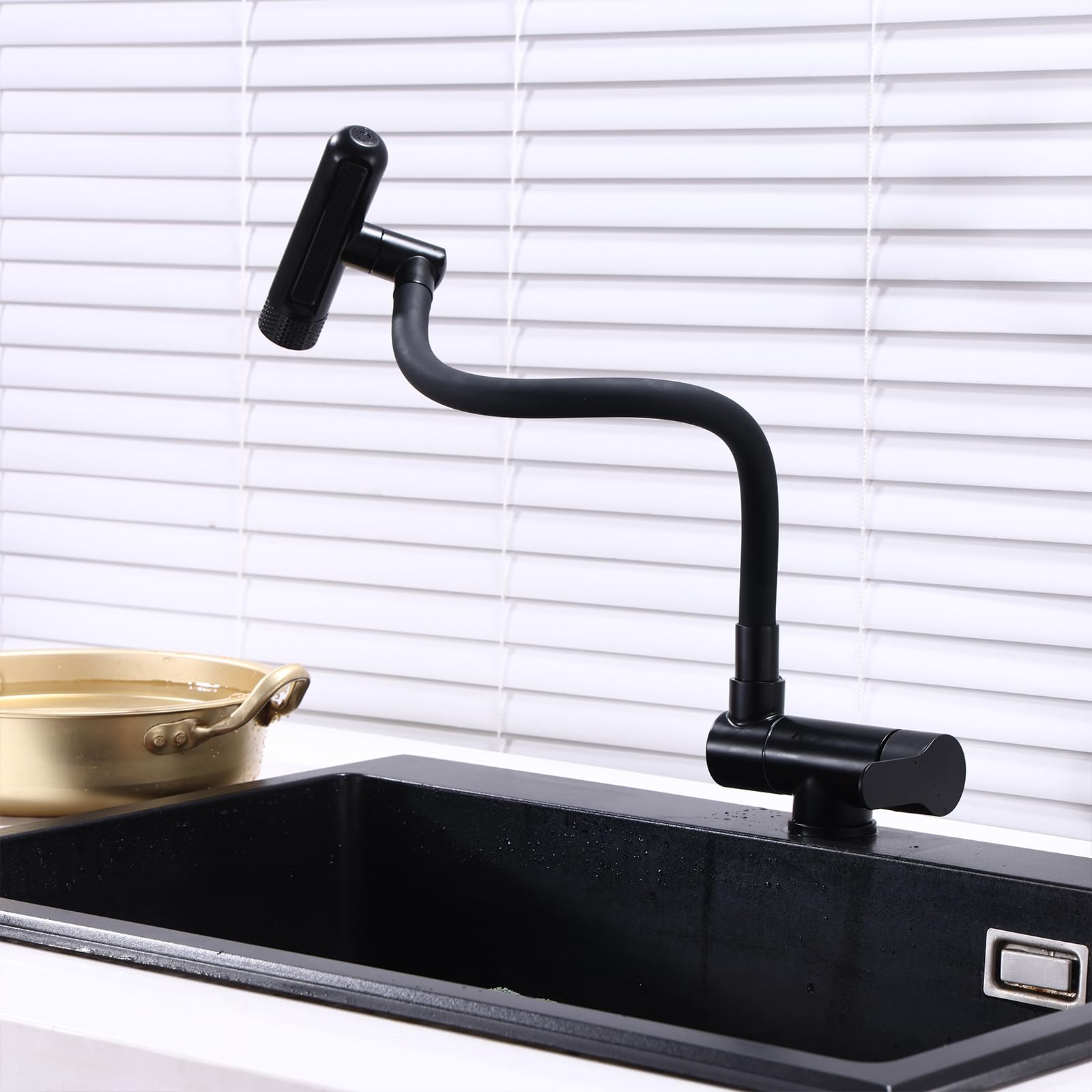 XJTNLB Grifo Cocina Bajo Ventana Negro Grifo Cocina Flexible Cascada