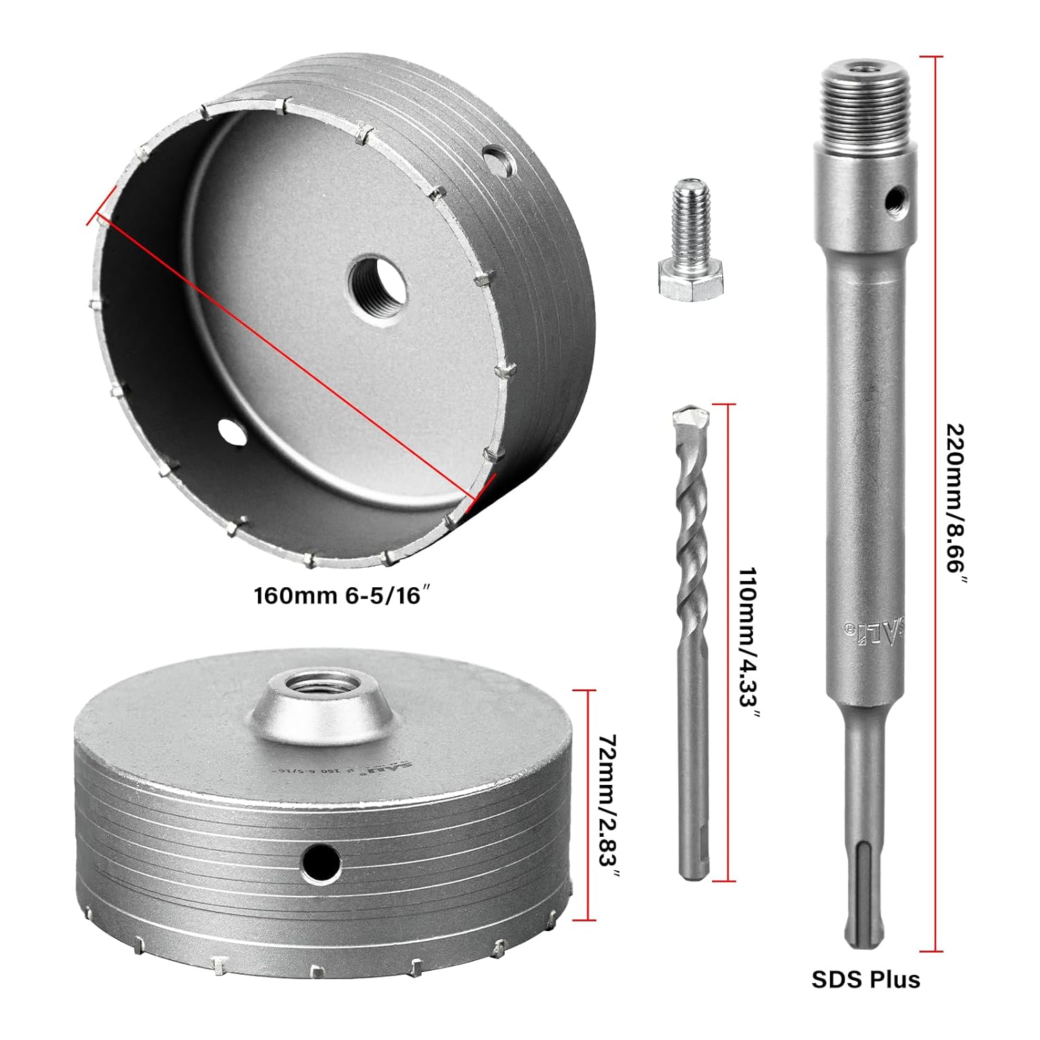 SALI Concrete Hole Saw Kits 6-5/16"（160mm）Tungsten Steel Wall Hole Cutter Drill Bit Sets with 220mm SDS Plus Shank Connecting Rod，110mm Center Positioning Drill Bits for Cinder Block,Brick,Adobe Wall