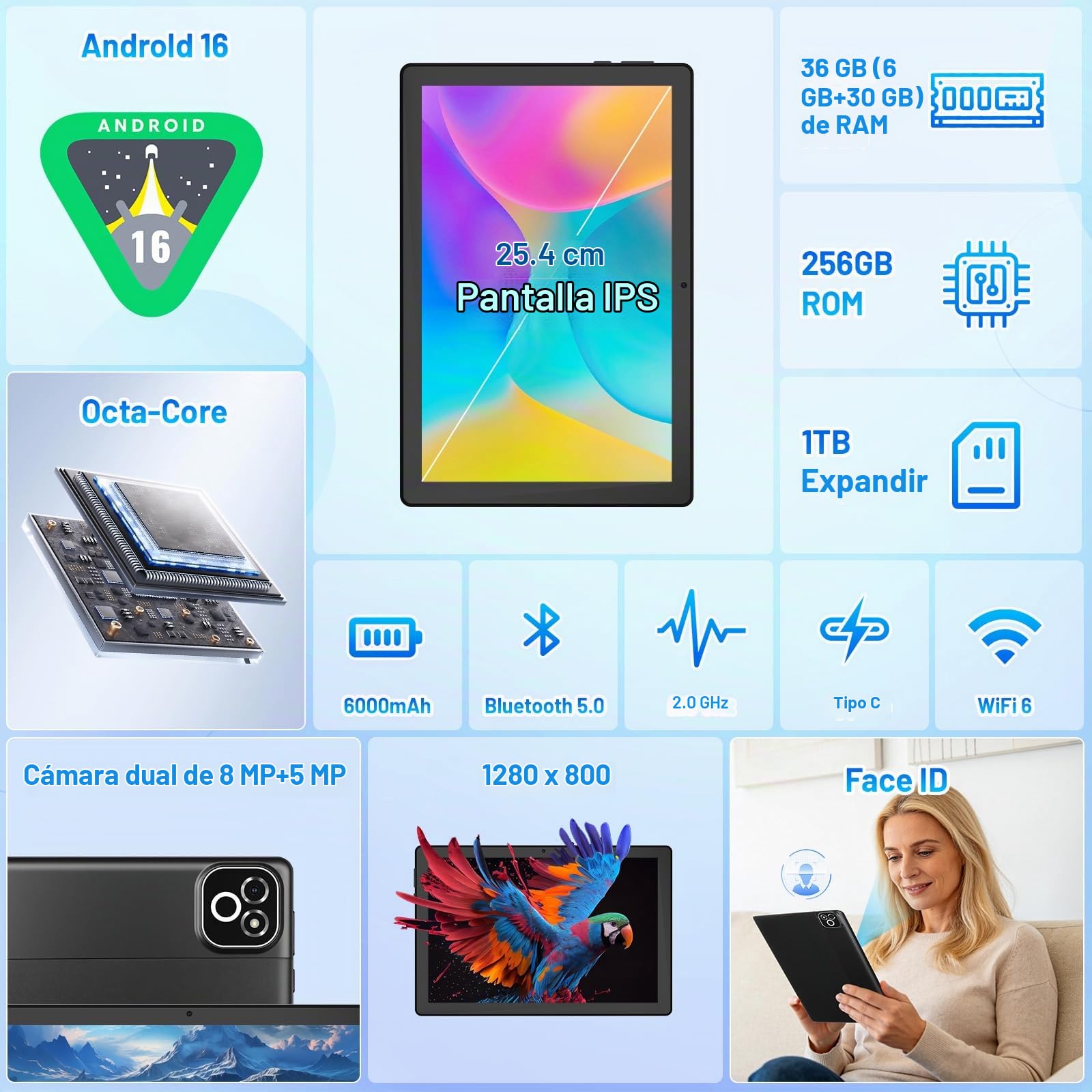 Tablet de 10 Pulgadas, Android 16 Tablet con Teclado, Octa Core, 36GB RAM 256GB ROM (1TB TF Expand) Cámara 5MP + 8MP 6000mAh Tablets de PC Touch Pad con Stylus Ratón Auricular y Caja