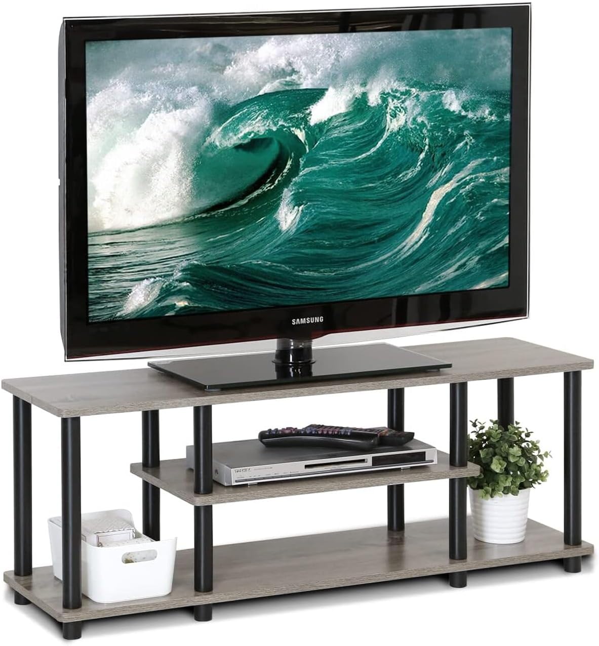Homestock Artisanal Artistry Tiered Elevated Tv Stand - Innovative Wooden TV Stand With Elevated Design, No Tools Required For Assembly, Perfect For Modern Living Rooms 3 Tier/French Oak Grey and Blac