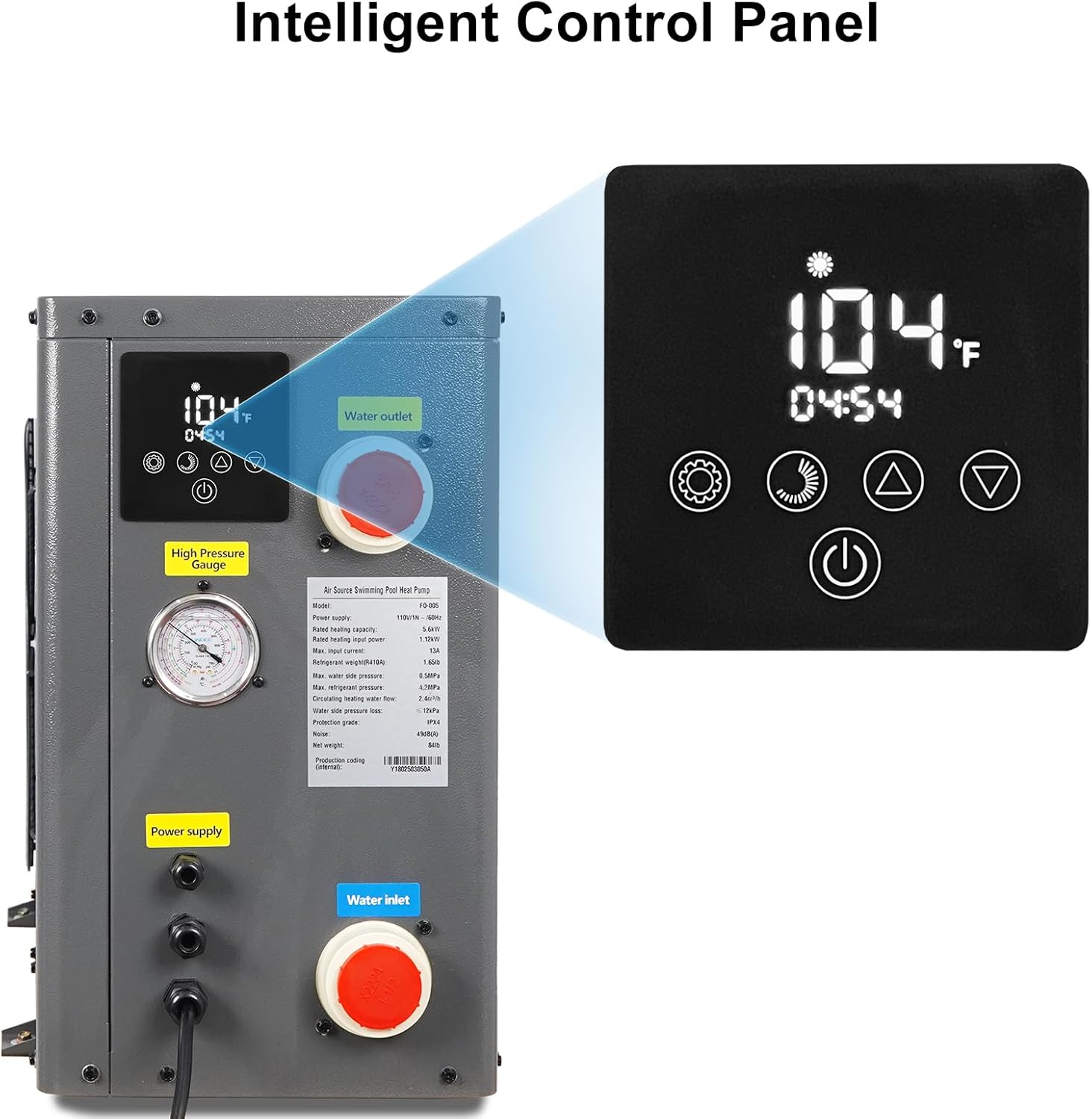 Side view of DOEL heat pump with control panel, high pressure gauge, water inlet, and water outlet