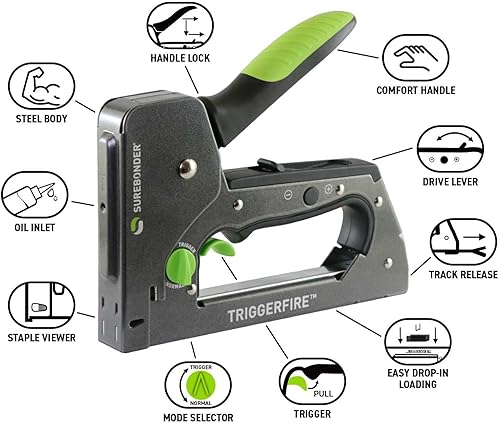 Vista 12 de Surebonder Triggerfire - Pistola de grapas de corona estrecha resistente con modo de gatillo – Tapicería, bricolaje, madera – Utiliza grapas