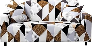ENCOFT Housse de Canapé Extensible 4 Places avec Accoudoirs + 2 Couvre-oreillers, Revêtement de Canapé Élastique Imprimée Géométrie, Couverture Canapé pour Sofa Fauteuil, Or Noir Blanc 235-300cm