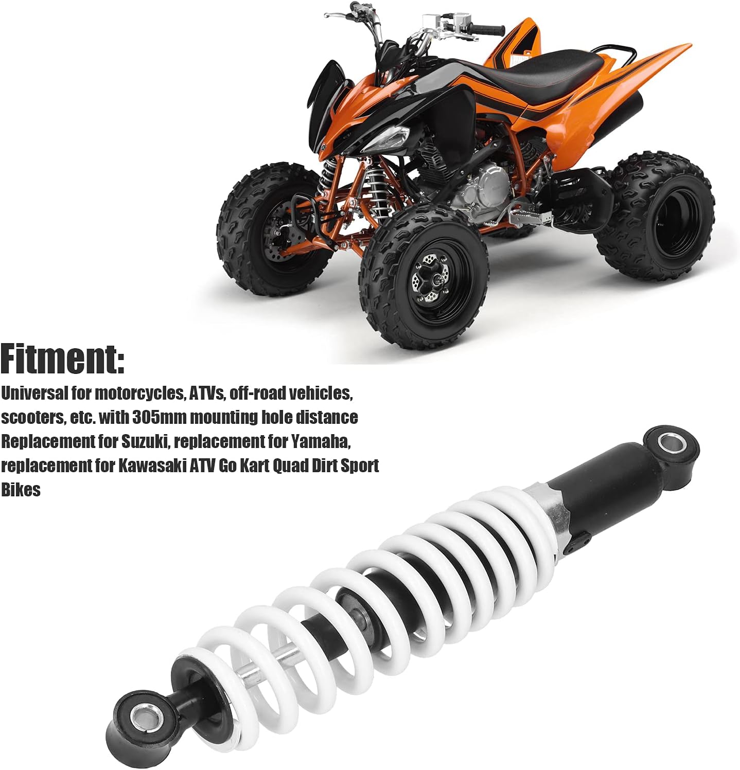 Motorcycle Rear S-hock Absorbers,305mm/12in White + Black Rear Shock Damper Aluminum Alloy Spring, for Motorcycles, ATVs, Off-road Vehicles, Scooters
