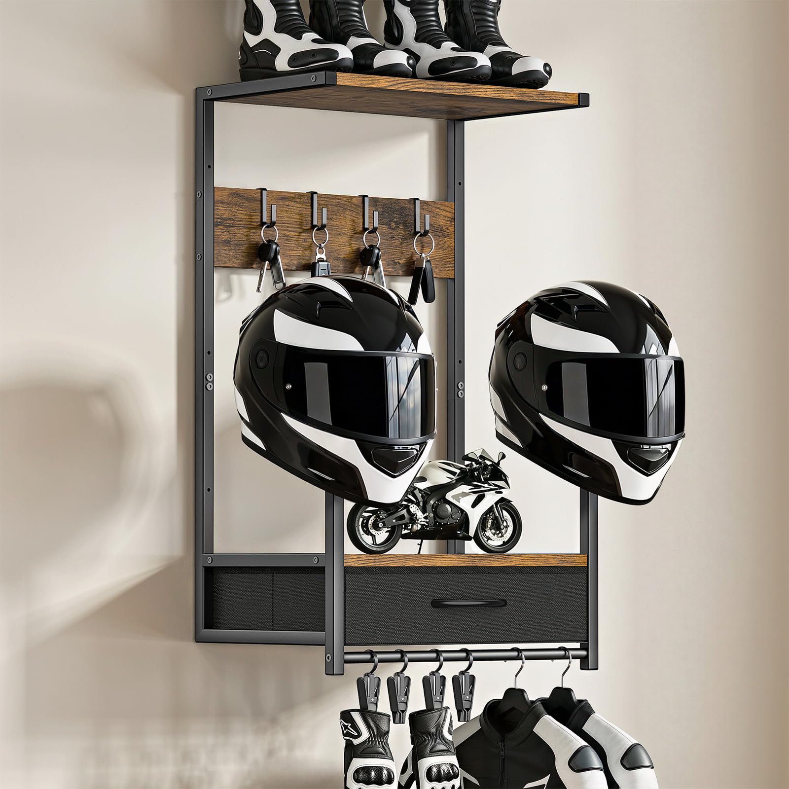 Housolution Support mural pour Casque de Moto avec Tiroir en Tissu, 4 Emplacements Gants & 4 Crochets pour Combinaisons & Accessoires – Stand pour Vélos, Baseballs et Casques de Rugby