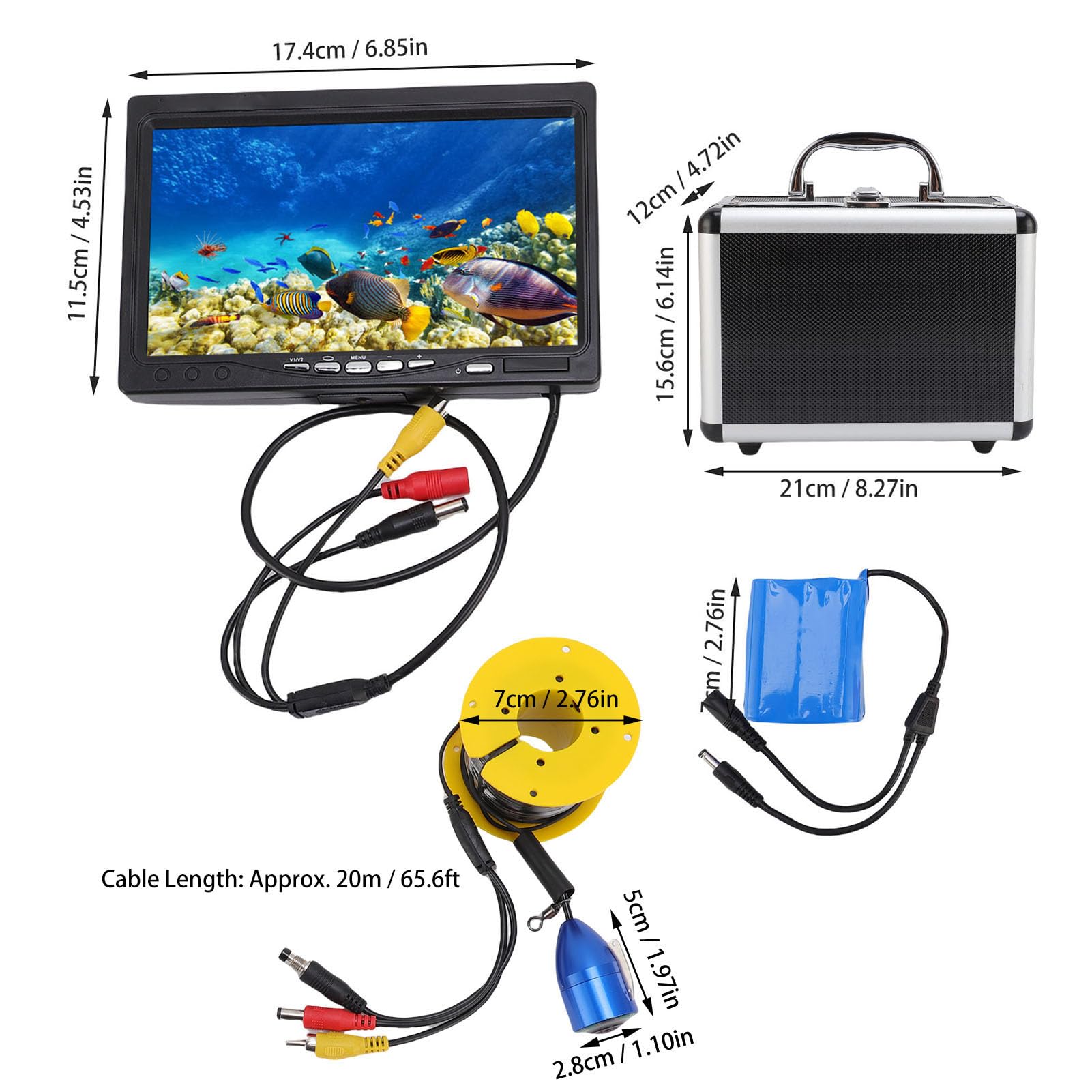 Asixxsix Podwodna Kamera Wędkarska, 7-calowy Monitor LCD Wykrywacz Ryb Wideo z Obiektywem Szerokokątnym 5 MP 1080 P 195 Stopni i Kablem o Długości 65,6 Stopy 5-godzinny Czas Pracy