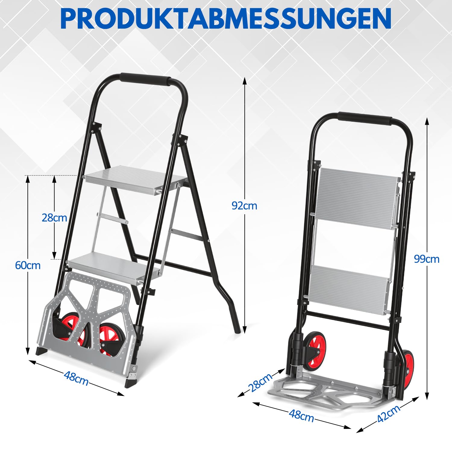 2-in-1 Sackkarre mit 2-stufige Trittleiter, klappbar