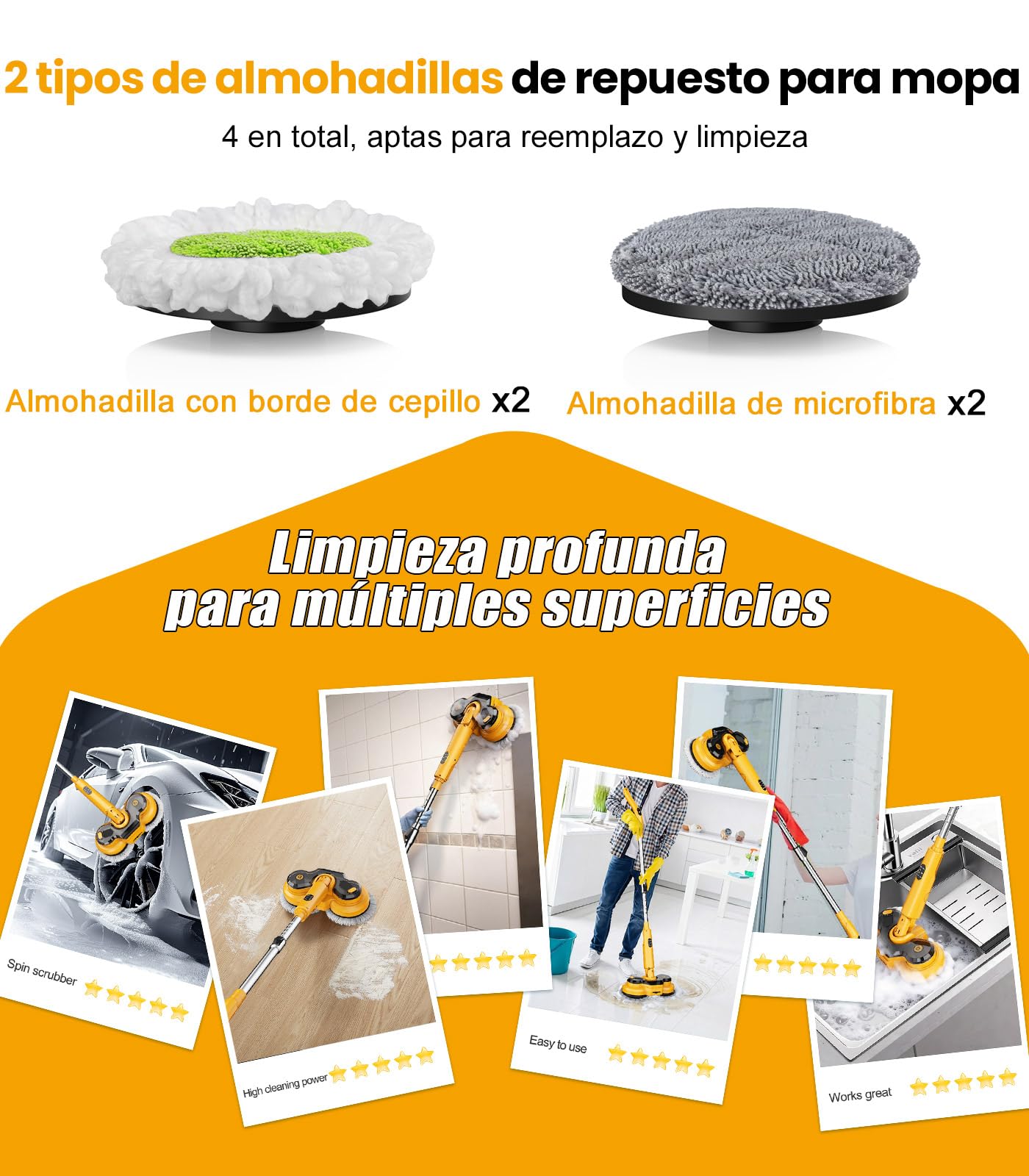 Qimedo Mopa Eléctrica para Suelos Duros, Mopa Giratoria 800 RPM con Baterías Recargables 5000 mAh, Mopa con Spray Inalámbrica para Suelos de Madera y Azulejo