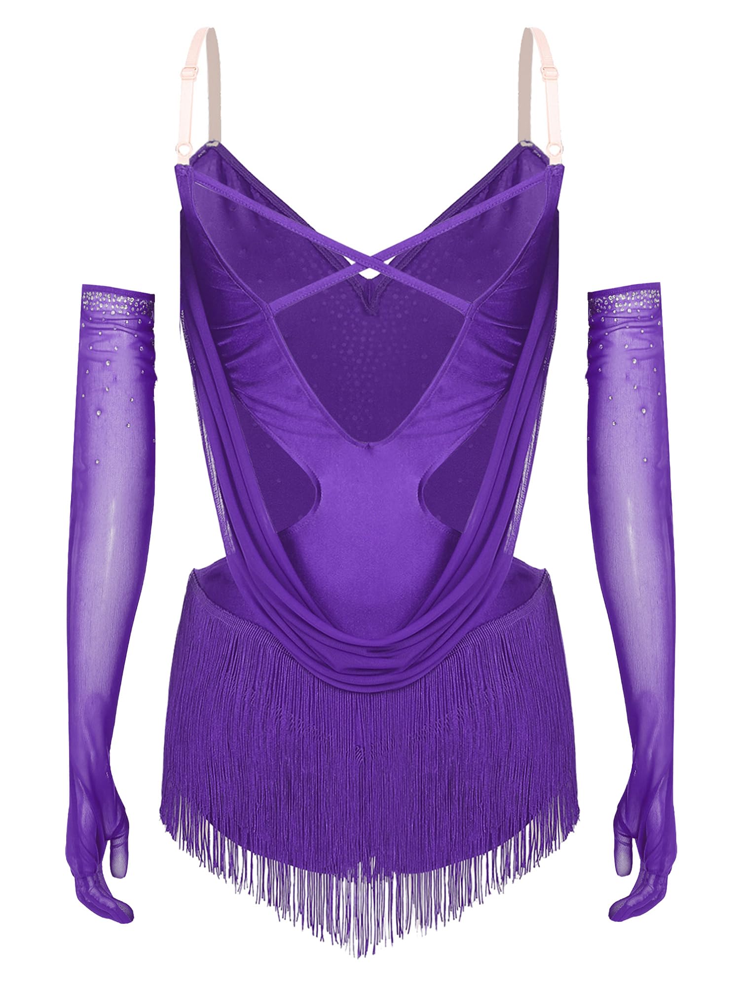 Maillot de Baile Latino para Mujer Body de Patinaje Artístico Maillot con Flecos y Pedrería Brillante y Guantes de Malla Vestido Baile de Salón Tango Rumba S-XXL