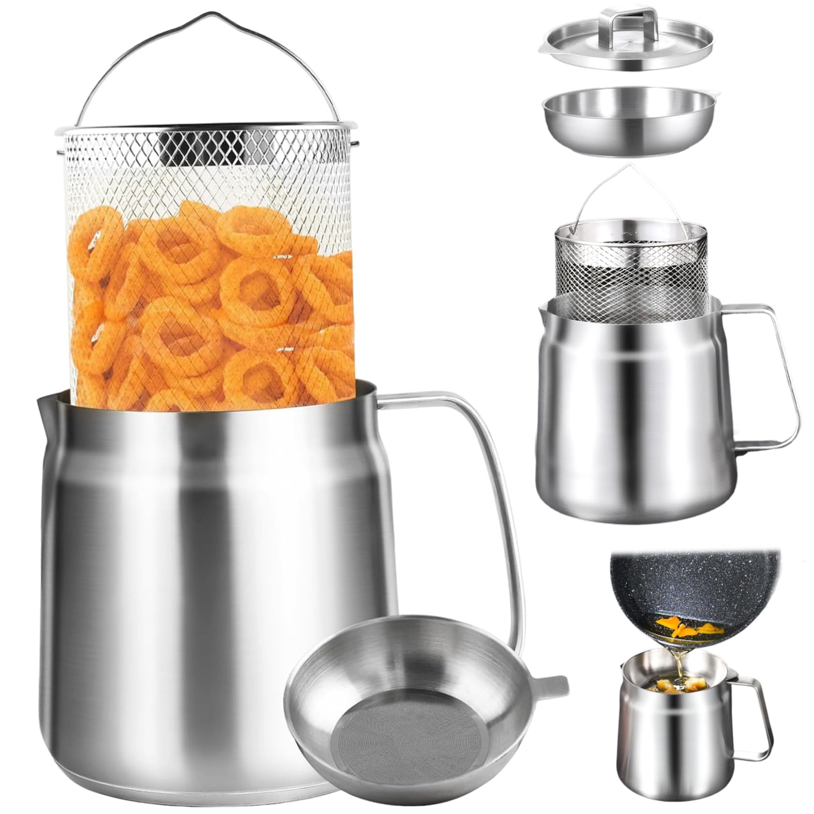 Pentola per filtro dell'olio in acciaio inossidabile, pentola per friggitrice da 1,5 l, con filtro e cestello per friggitrice, rete multifunzione per arrosti, contenitore grasso serbatoio