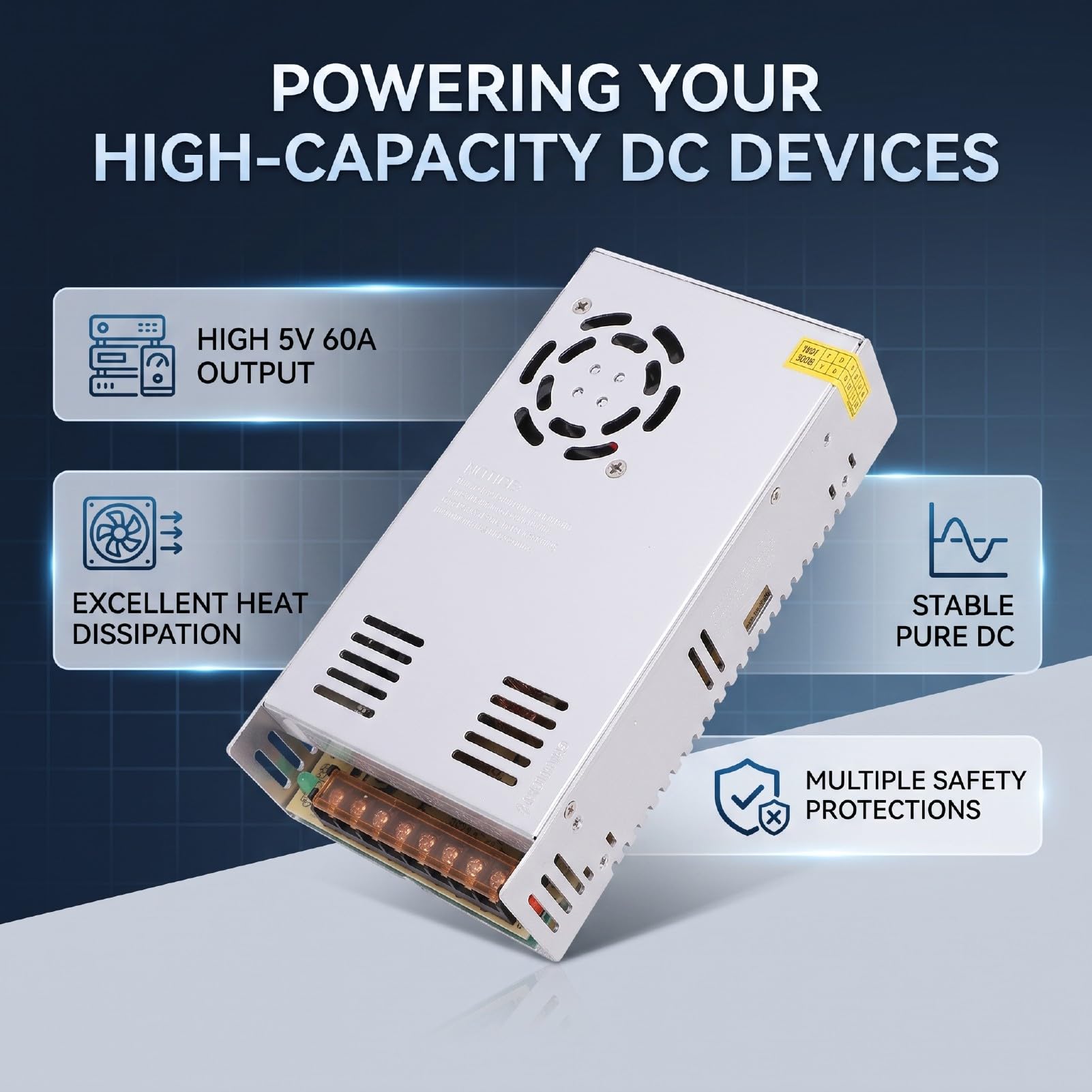 ViaGasaFamido 5V 60A Zasilacz Impulsowy 110V 220V AC do DC 300W | Adapter do Taśmy LED CCTV, Wyjście DC, Wiele zabezpieczeń, Aluminiowa Obudowa do Odprowadzania Ciepła, 24-godzinna Praca