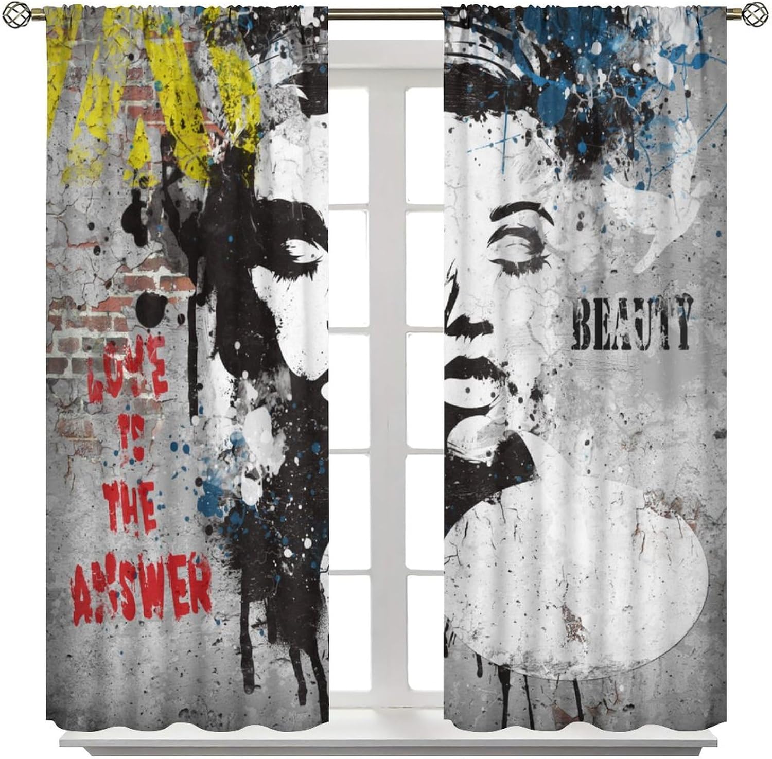 Graffiti Blackout Window Curtains, Vintage Abstract Art Gray Women's Wall Patterned Decorative Insulated Rod Pocket Curtains for Kids Boys Girls Bedroom Living Room Bathroom 42x45in（Blackout）