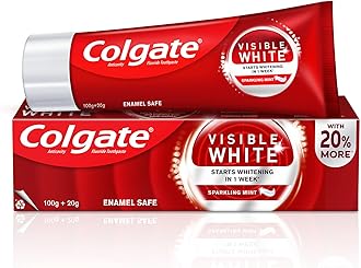 Colgate Visible White Toothpaste, Teeth Whitening Starts in 1 week, Safe on Enamel, Stain Removal Tooth Paste and Minty Flavour for Fresh Breath (100g + 20g)
