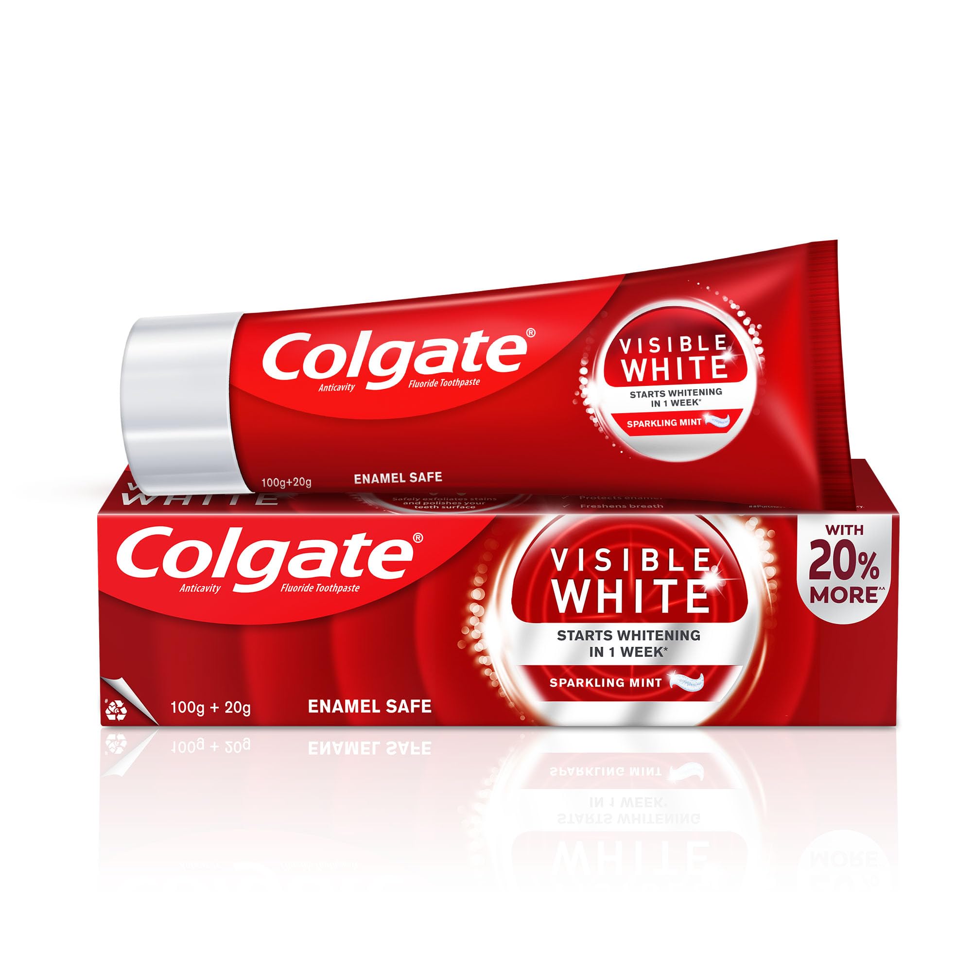 Colgate Visible White Toothpaste, Teeth Whitening Starts in 1 week, Safe on Enamel, Stain Removal Tooth Paste and Minty Flavour for Fresh Breath (100g + 20g)