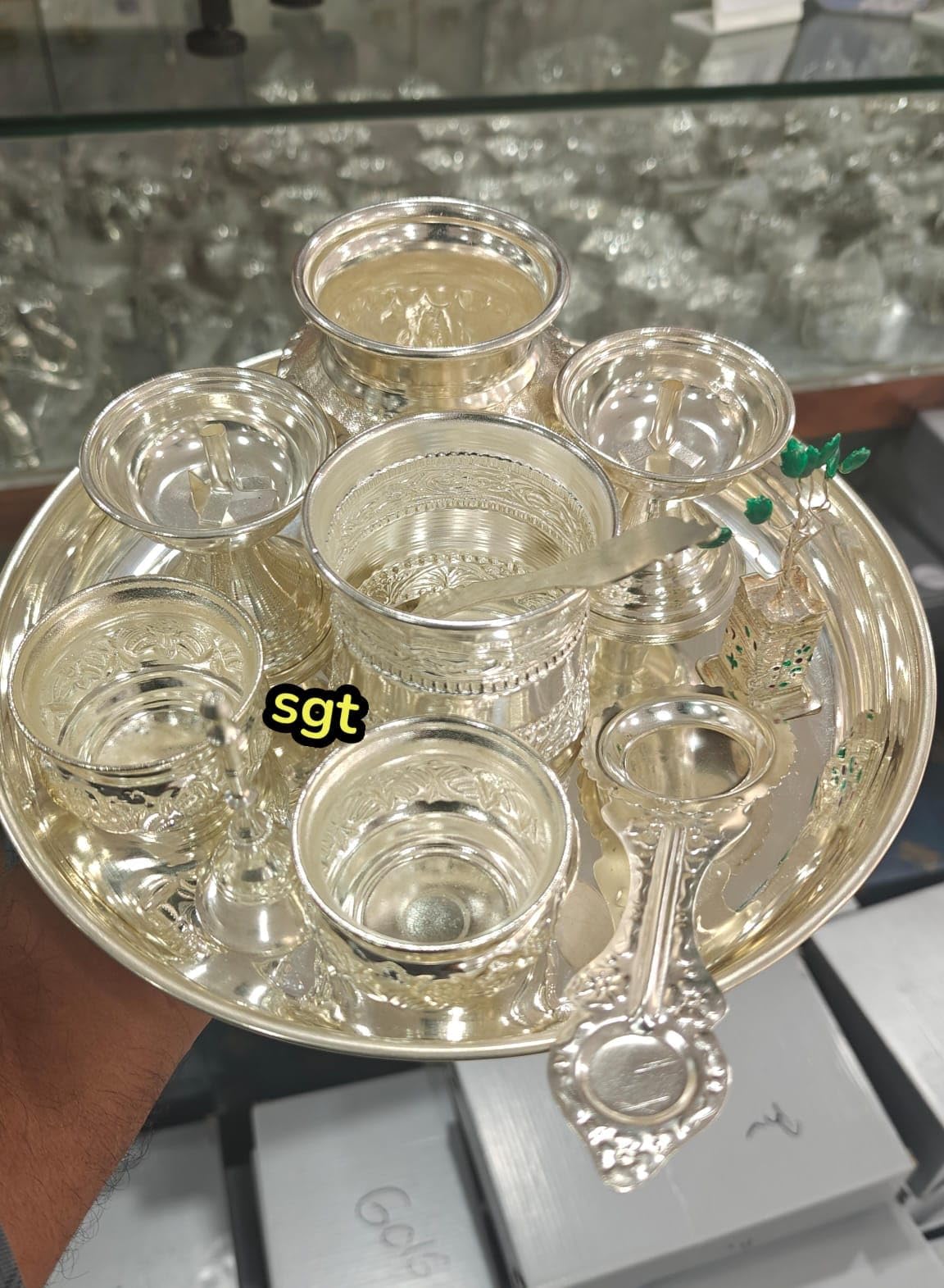 indiancraftsbykanika Pure German Silver Pooja thali Set of 11 Pieces for Housewarming Pooja/Diwali Festival