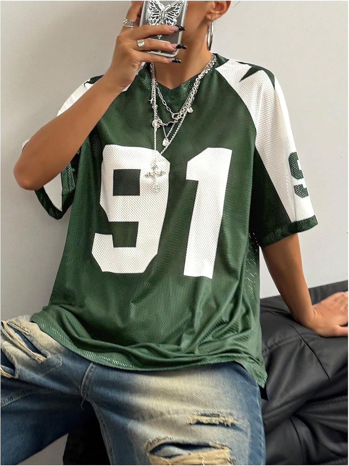 SHENHE Women's Oversized Graphic Football Jersey Shirt Mesh Short Sleeve Tee Top Streetwear - Image 3