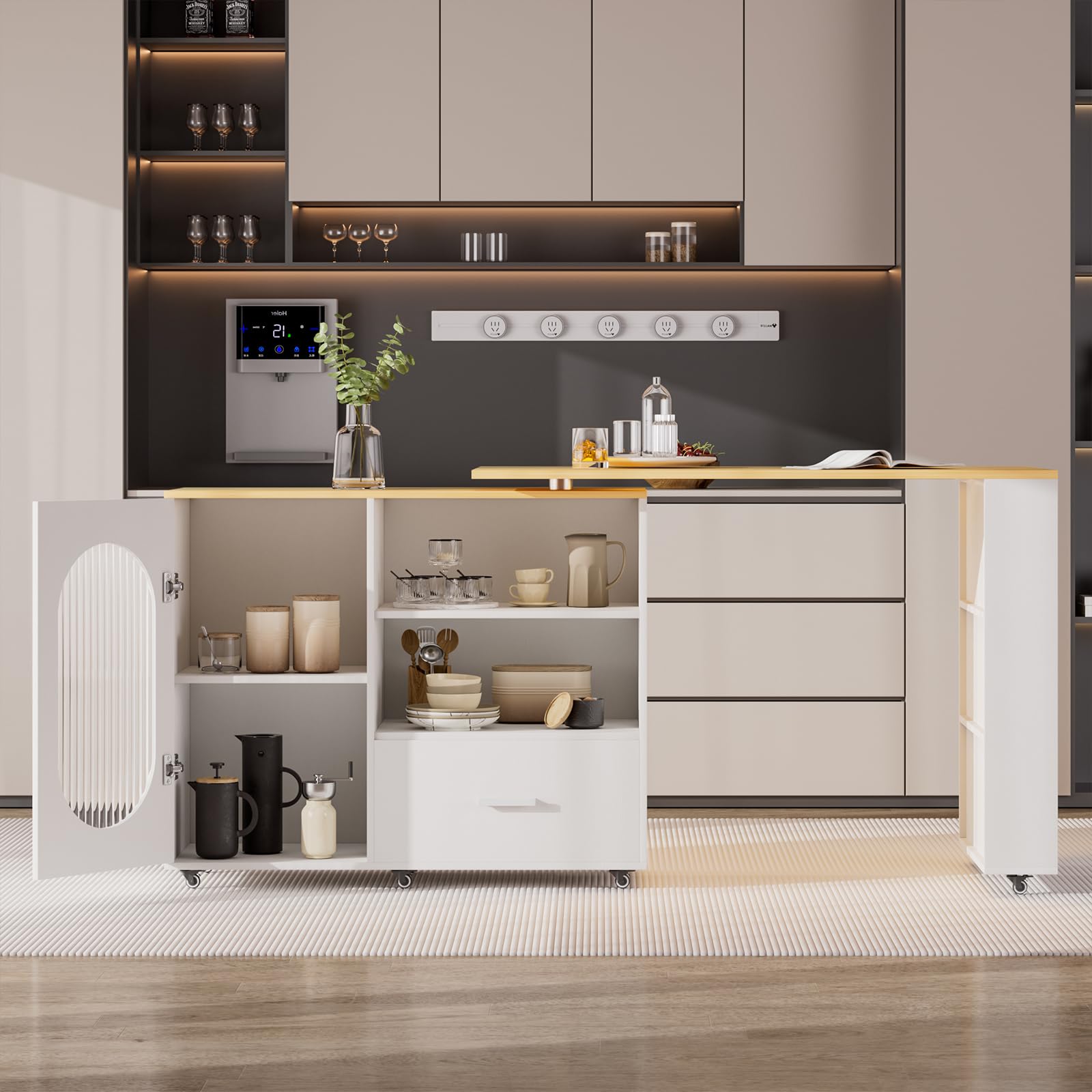 Isla de cocina giratoria 360° con espacio de almacenamiento, carrito de cocina móvil, mesa de bar extensible, encimera de acero inoxidable, barra de desayuno con armarios y cajones para cocina comedor