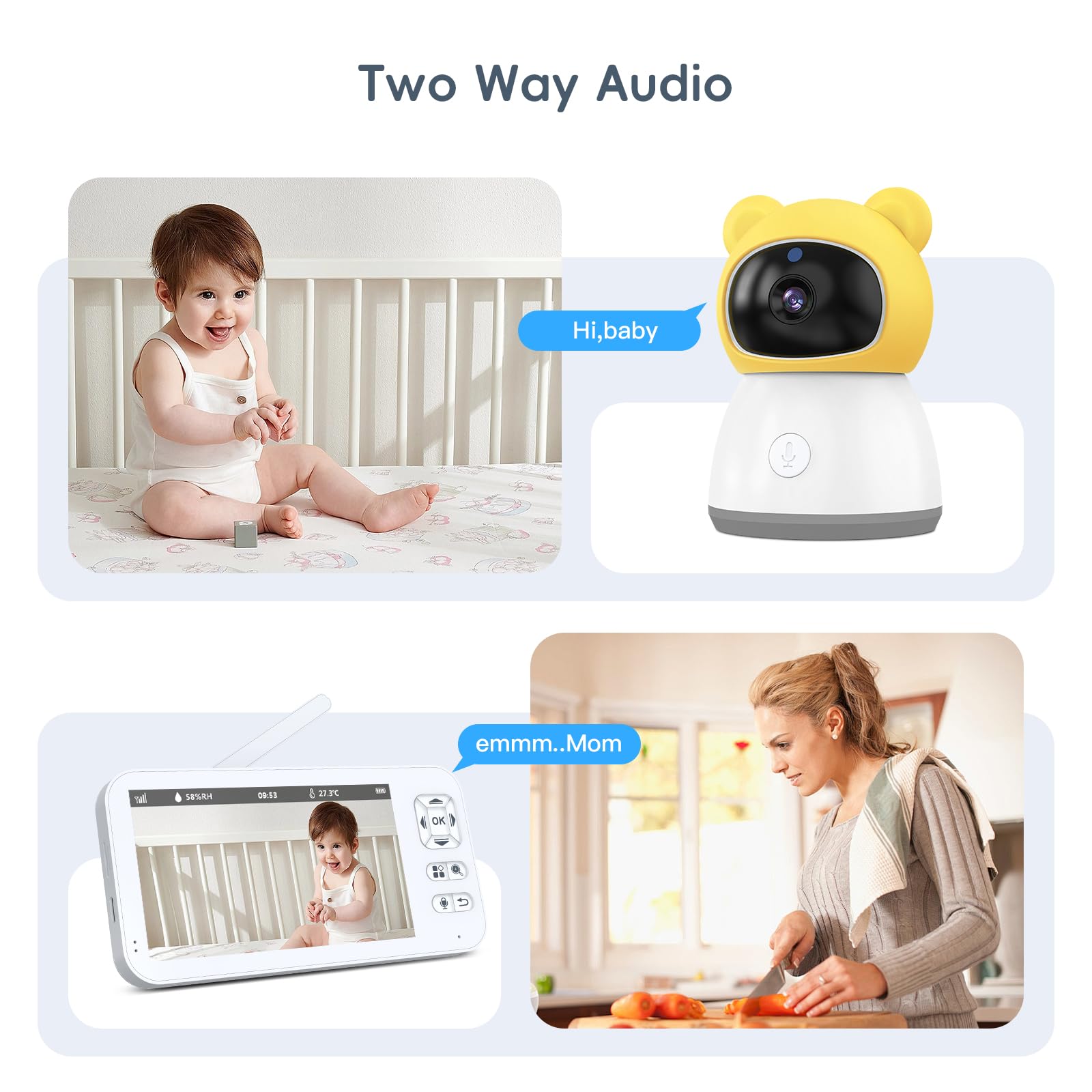 Elektroniczna niania z kamerą i dźwiękiem, Smart Video 2K HD, Wi-Fi, ekran 5", noktowizor, czujnik wilgotności temperatury, 2-drożne połączenie, kołysanka, tryb snu, wykrywanie płaczu, zasięg