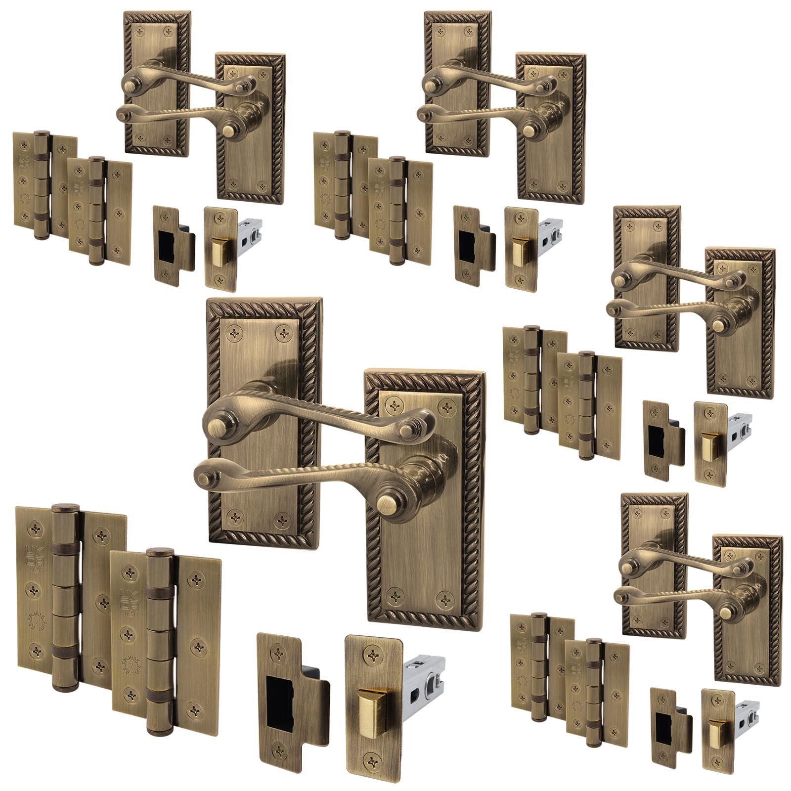 Eai Antique Brass Georgian Scroll Door Handle Latch Set - 5 Pairs Internal Handles, Hinges (76Mm) & Latch (64Mm) - Rope Design